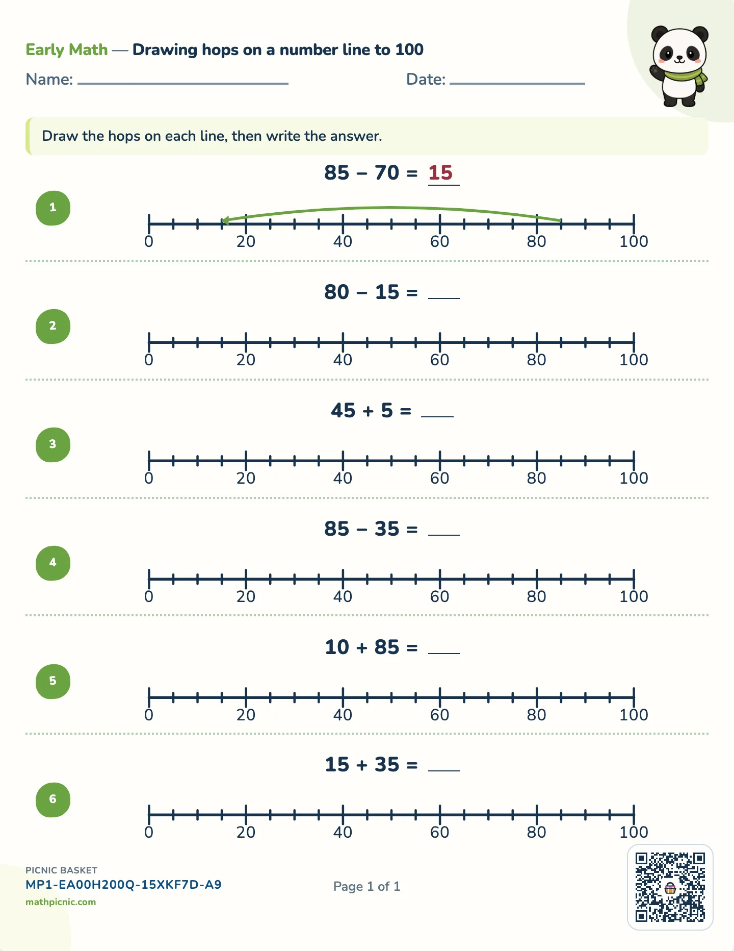 Show it on a number line to 100 worksheet — A bare line to 100, free printable with answer key