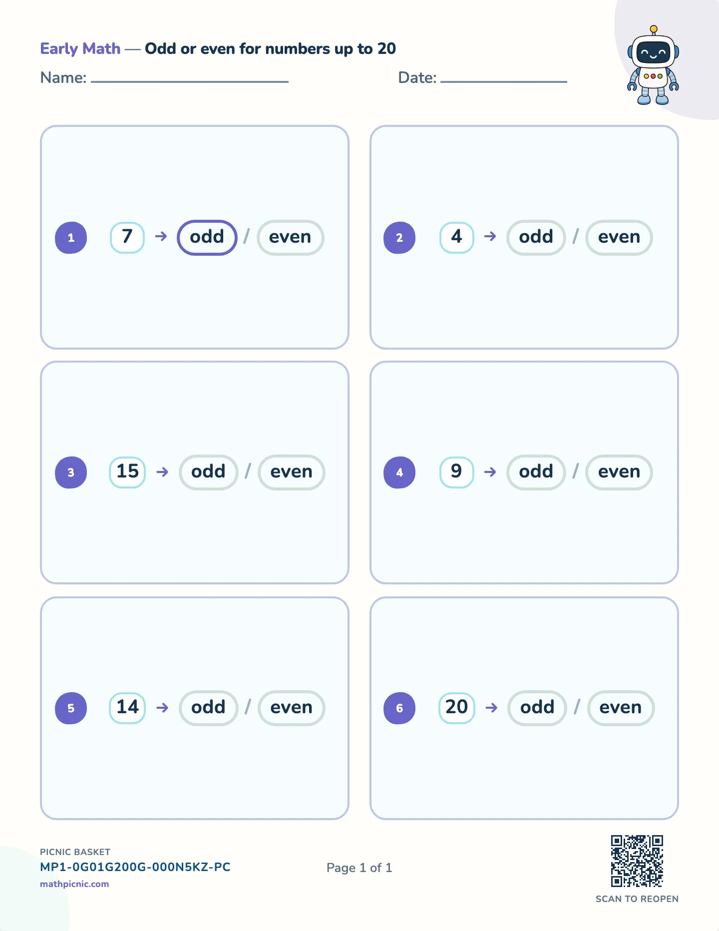 Odd and even numbers worksheet — Numbers to 20, free printable with answer key