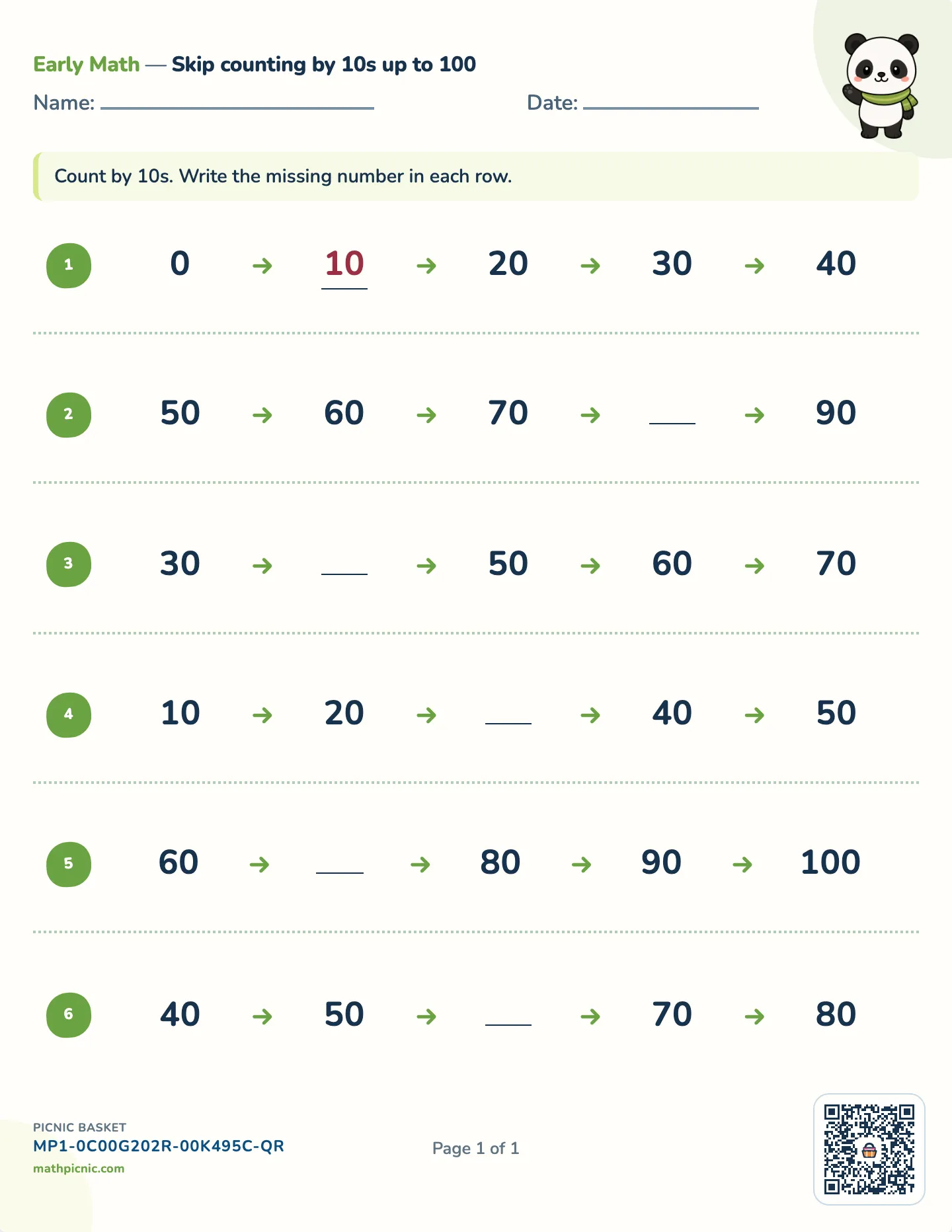Skip counting by 10s worksheet — Tens up to 100 or 120, free printable with answer key