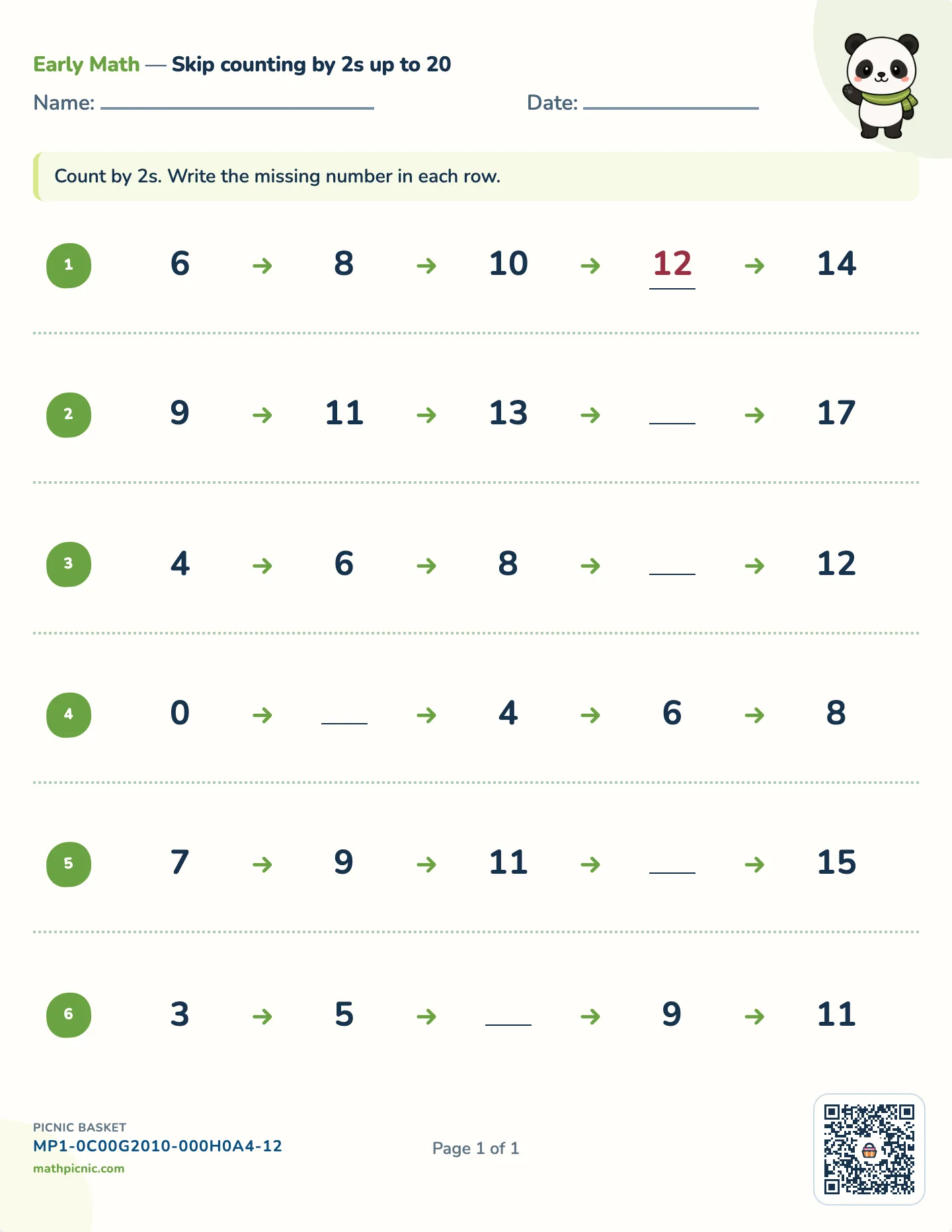 Skip counting by 2s worksheet — Twos up to 20, 50 or 100, free printable with answer key
