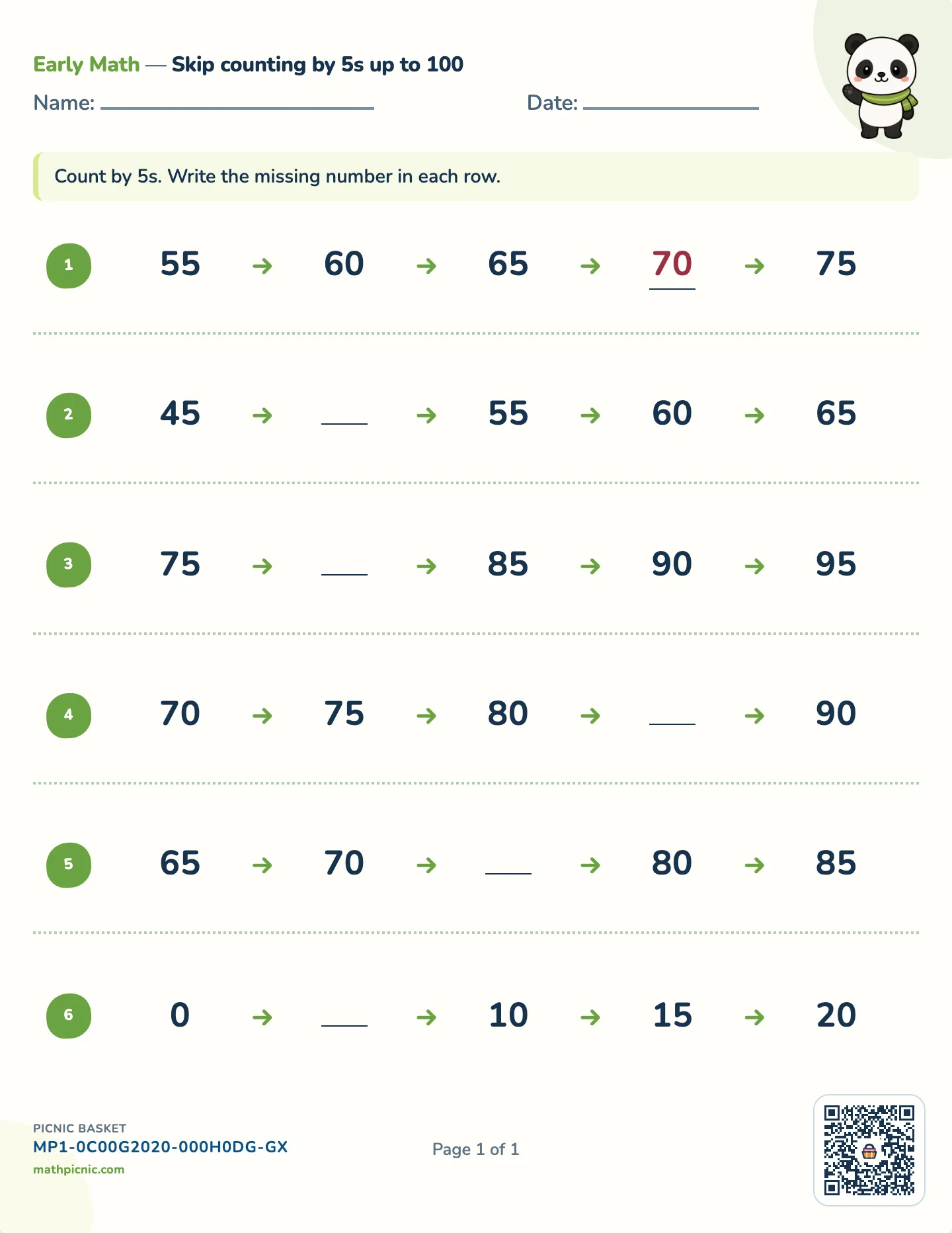 Skip counting by 5s worksheet — Fives up to 50 or 100, free printable with answer key