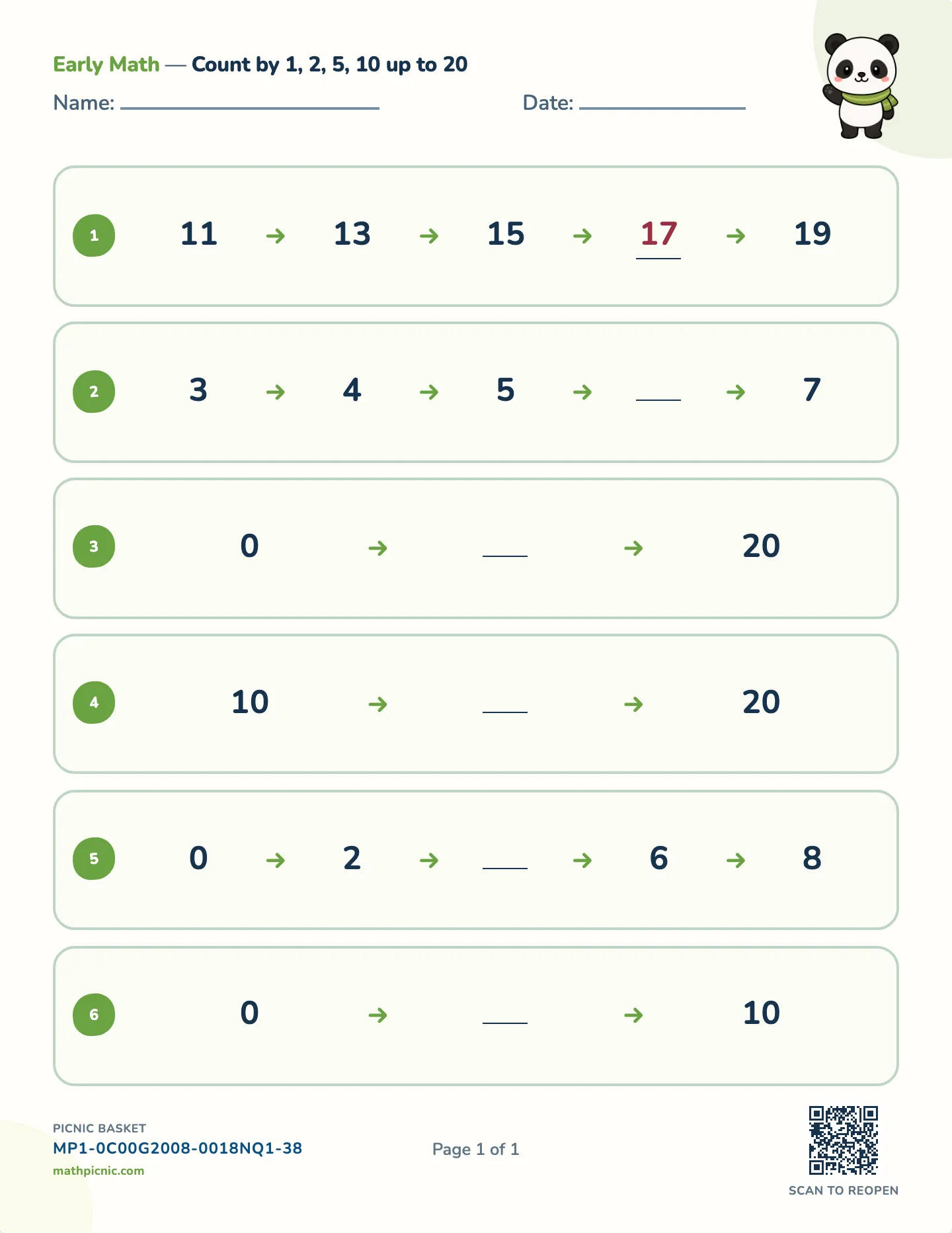 Skip counting sequences worksheet — Steps of 1, 2, 5, or 10, free printable with answer key