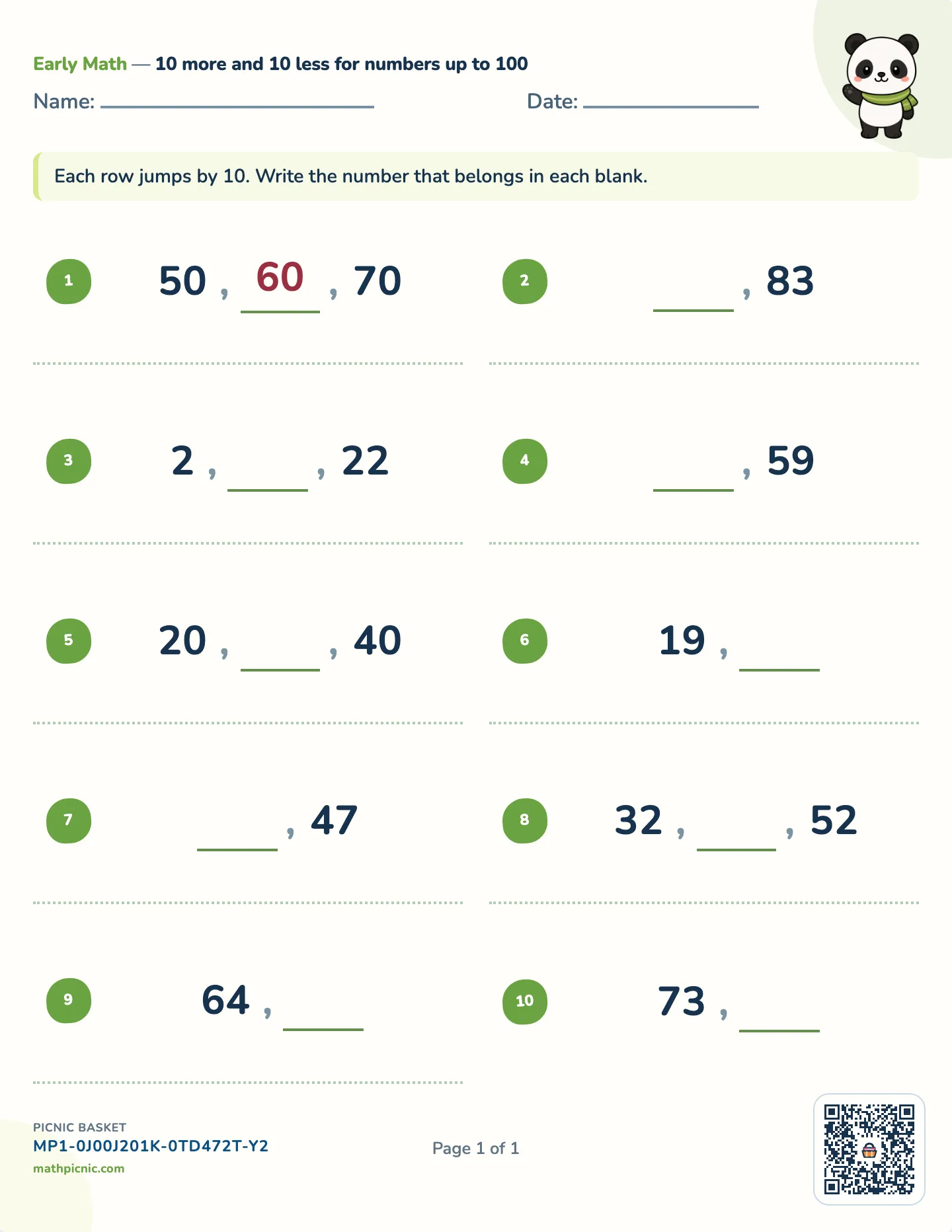 10 more and 10 less worksheet — Two-digit numbers to 100, free printable with answer key