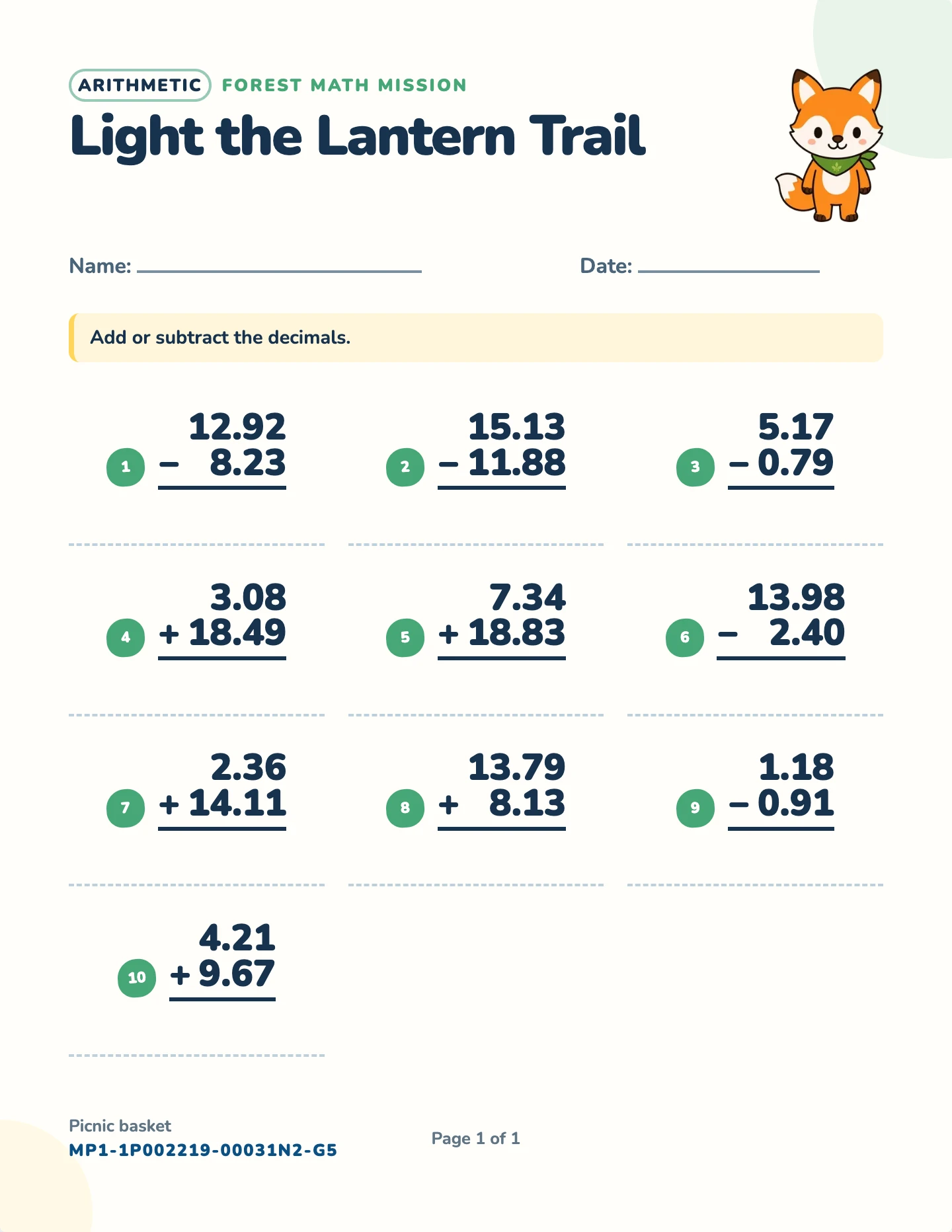 Adding and subtracting decimals worksheet — Tenths and hundredths, free printable with answer key