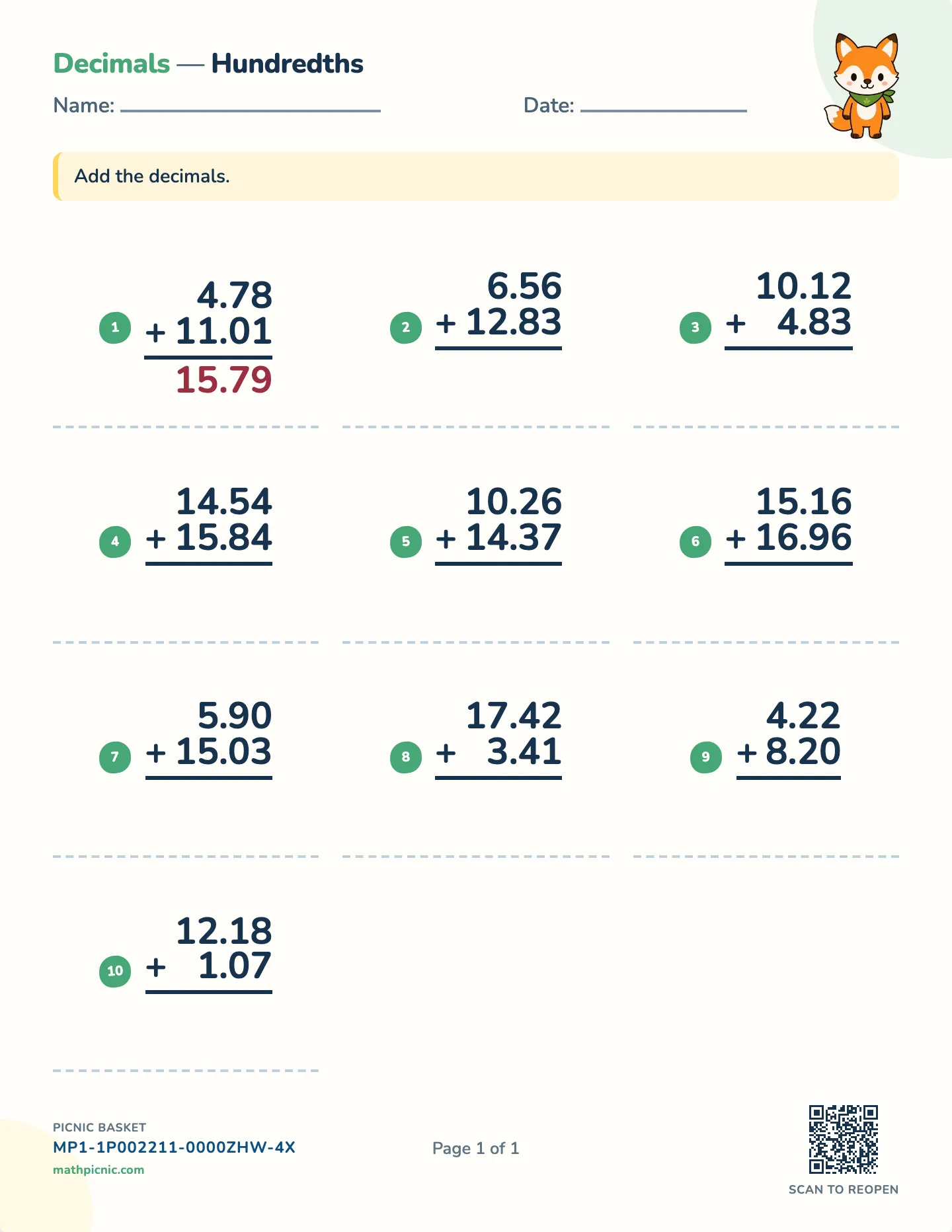 Adding decimals worksheet — Tenths and hundredths, free printable with answer key