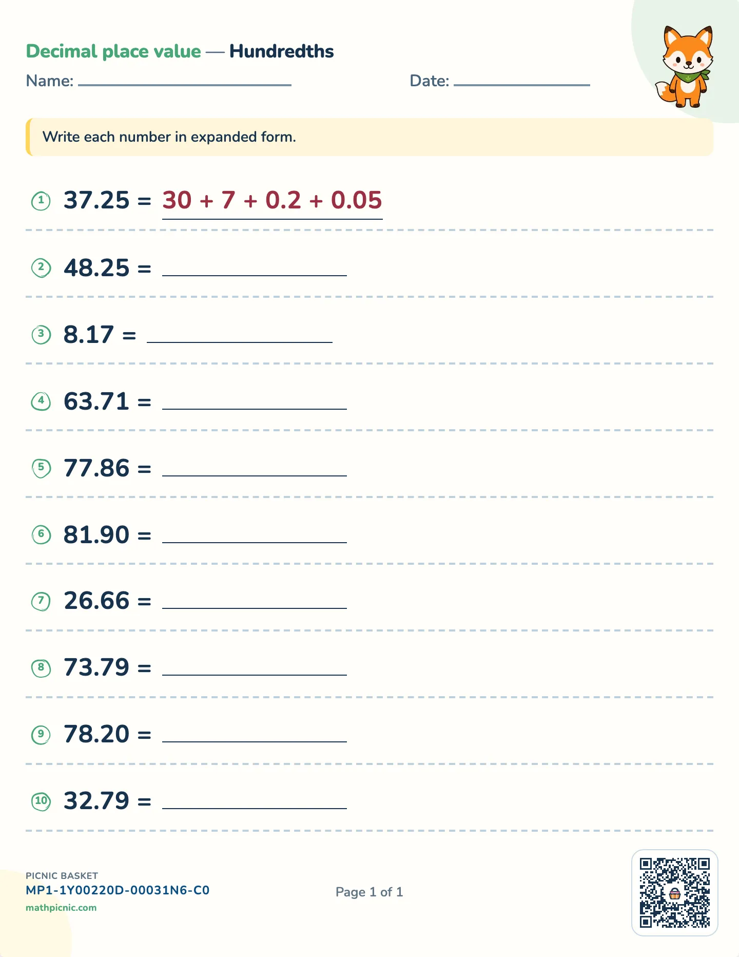 Decimals in expanded form worksheet — Tenths and hundredths, free printable with answer key