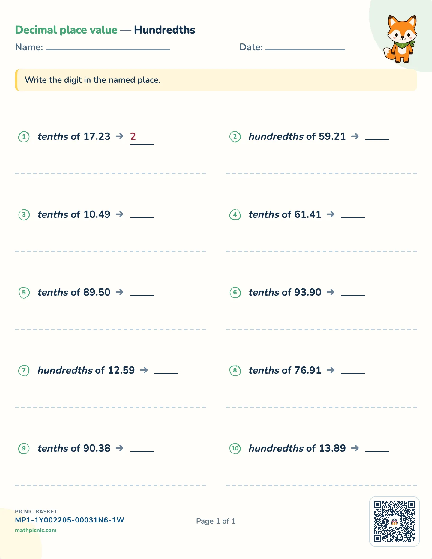 Digit in a decimal place worksheet — Tenths and hundredths, free printable with answer key