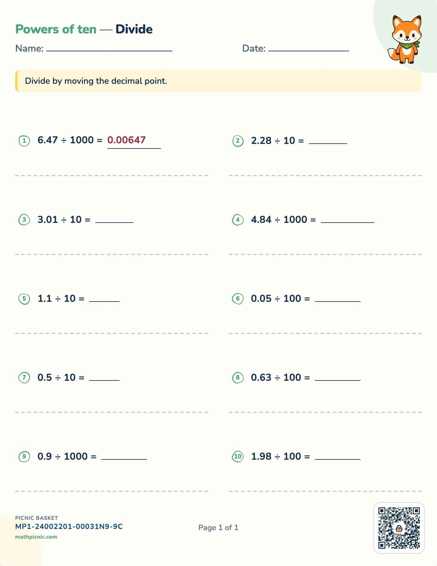Dividing decimals by powers of ten worksheet — ÷ by 10, 100, 1000, free printable with answer key