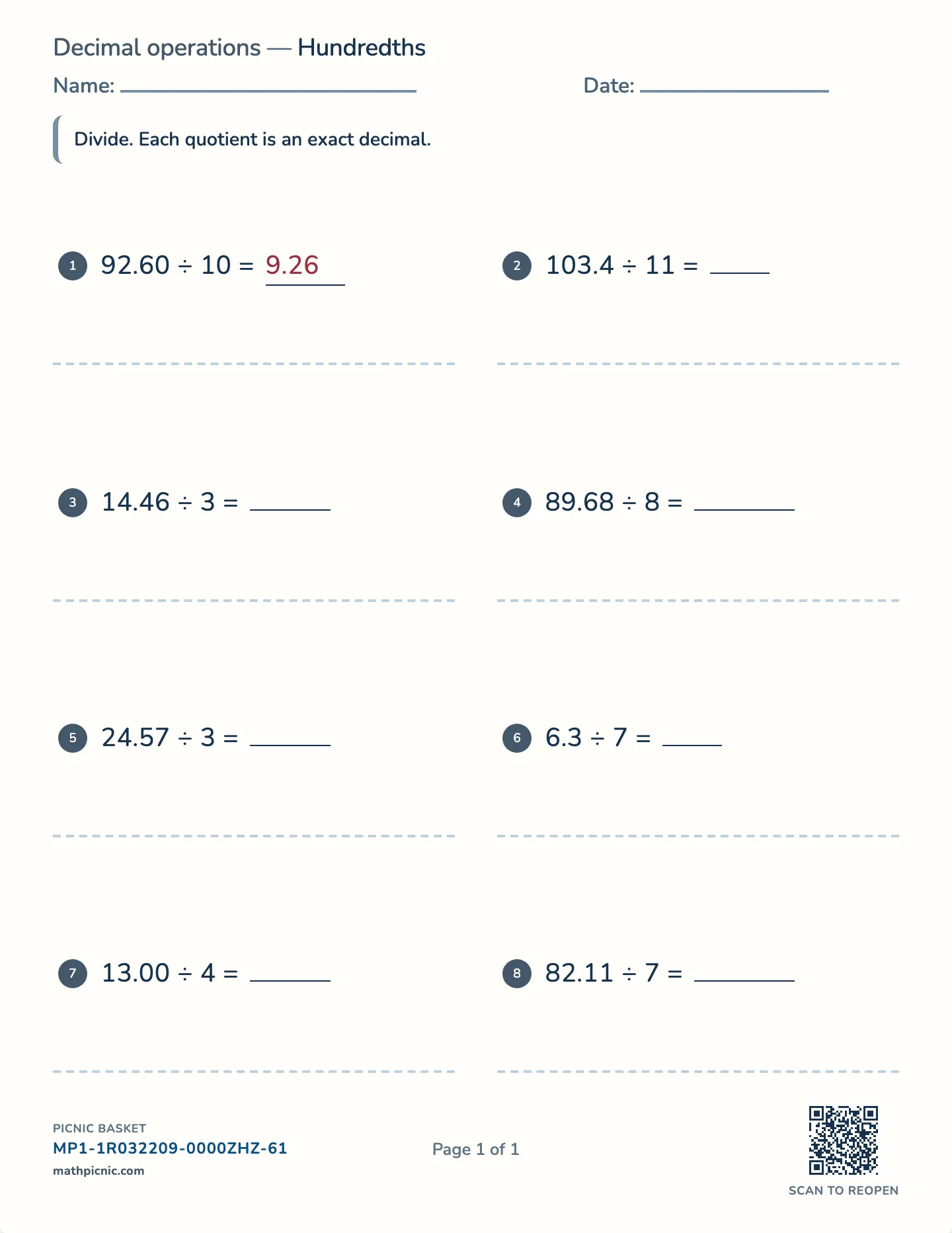 Dividing decimals worksheet — Exact answers only, free printable with answer key