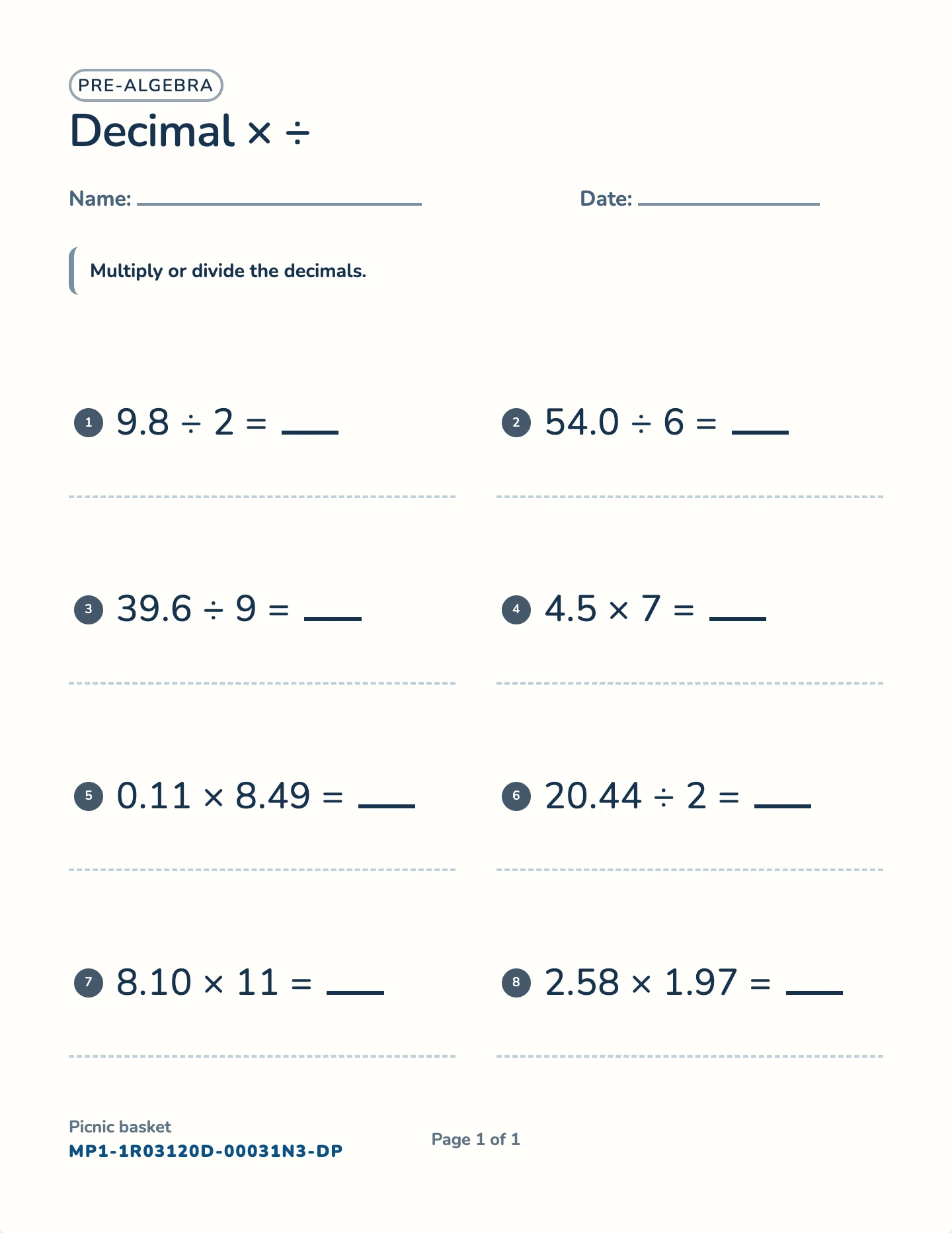 Multiplying and dividing decimals worksheet — × whole, × decimal, exact ÷, free printable with answer key