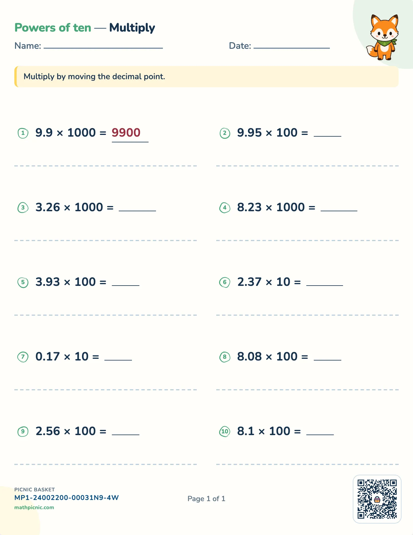 Multiplying decimals by powers of ten worksheet — × by 10, 100, 1000, free printable with answer key