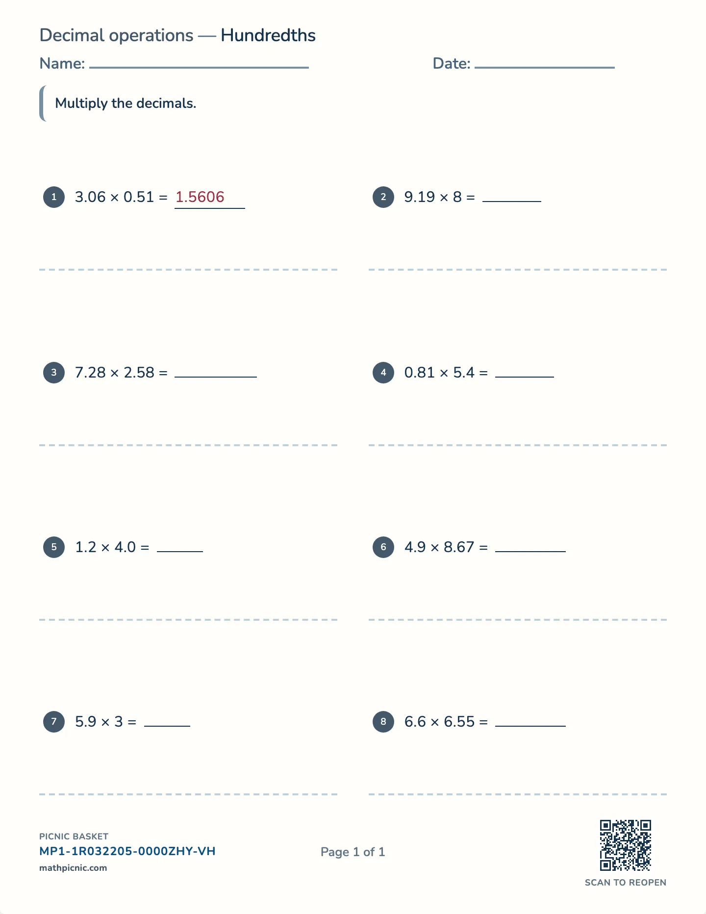 Multiplying decimals worksheet — × whole and × decimal, free printable with answer key