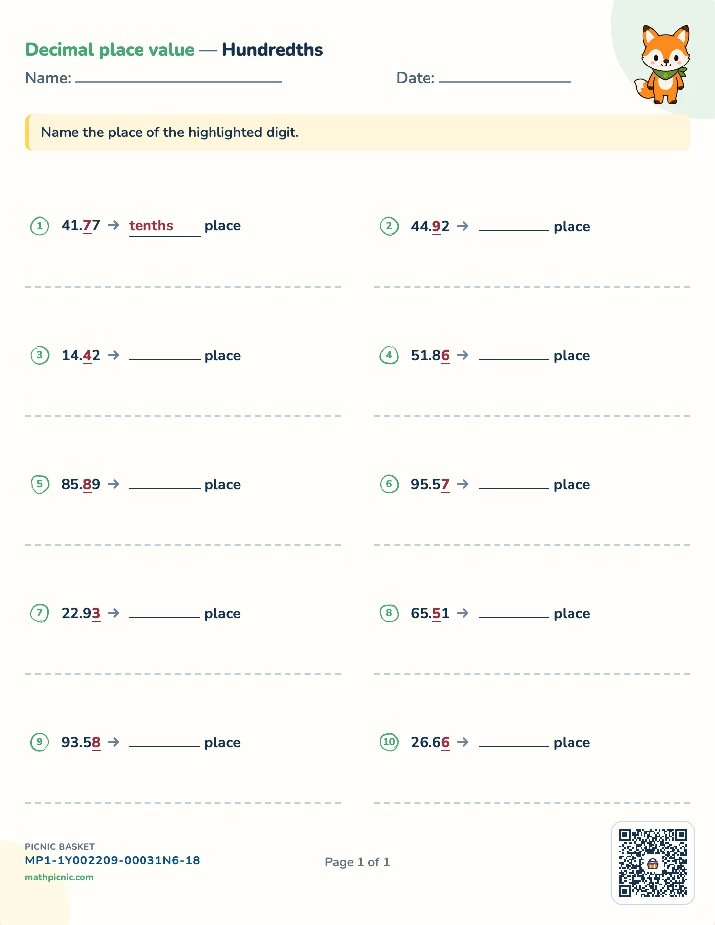 Naming decimal places worksheet — Tenths and hundredths, free printable with answer key