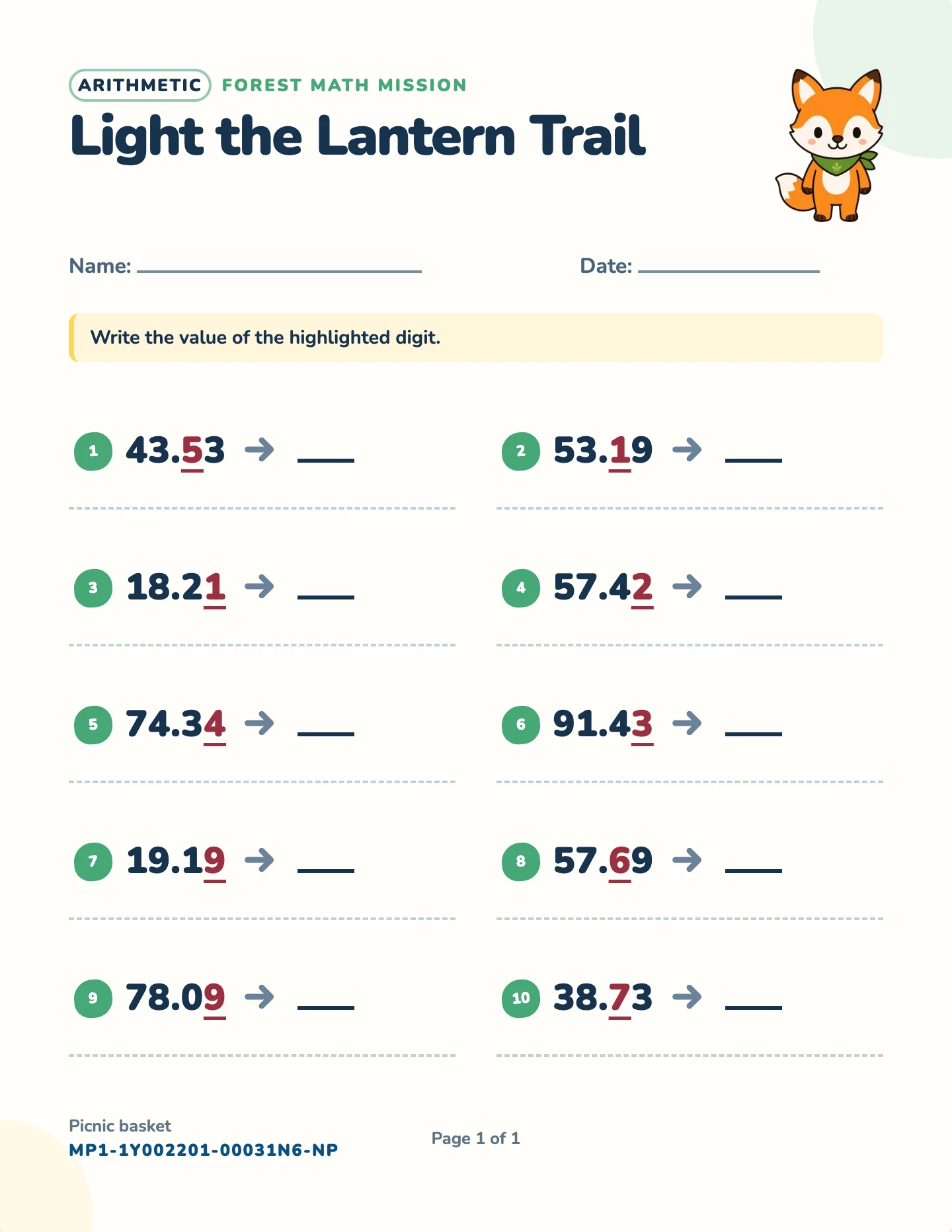 Decimal place value worksheet — Tenths to thousandths, free printable with answer key