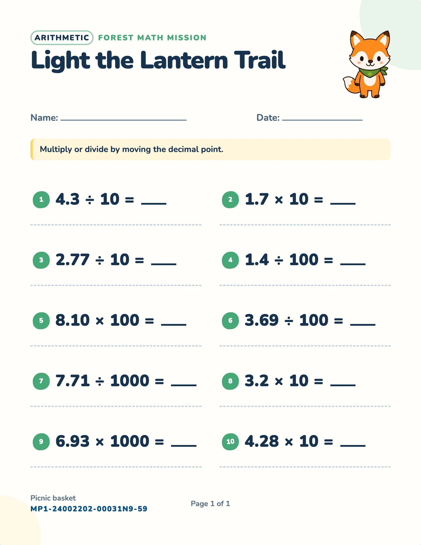 Multiplying and dividing by powers of ten worksheet — × and ÷ by 10, 100, 1000, free printable with answer key