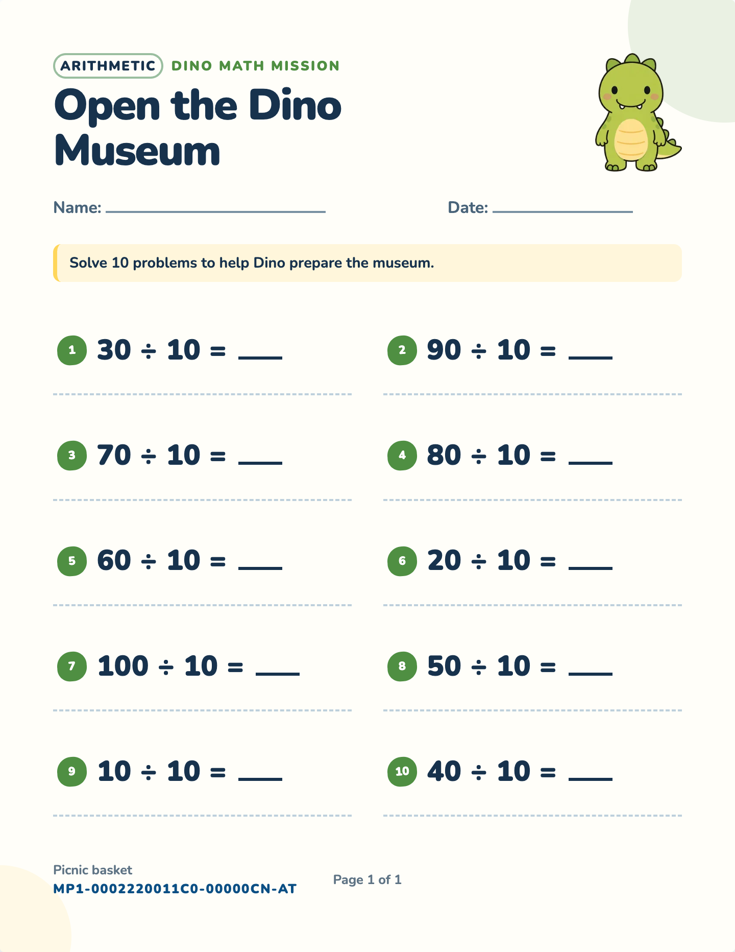 Dividing by 10 worksheet — ÷ 10, whole-number answers, free printable with answer key