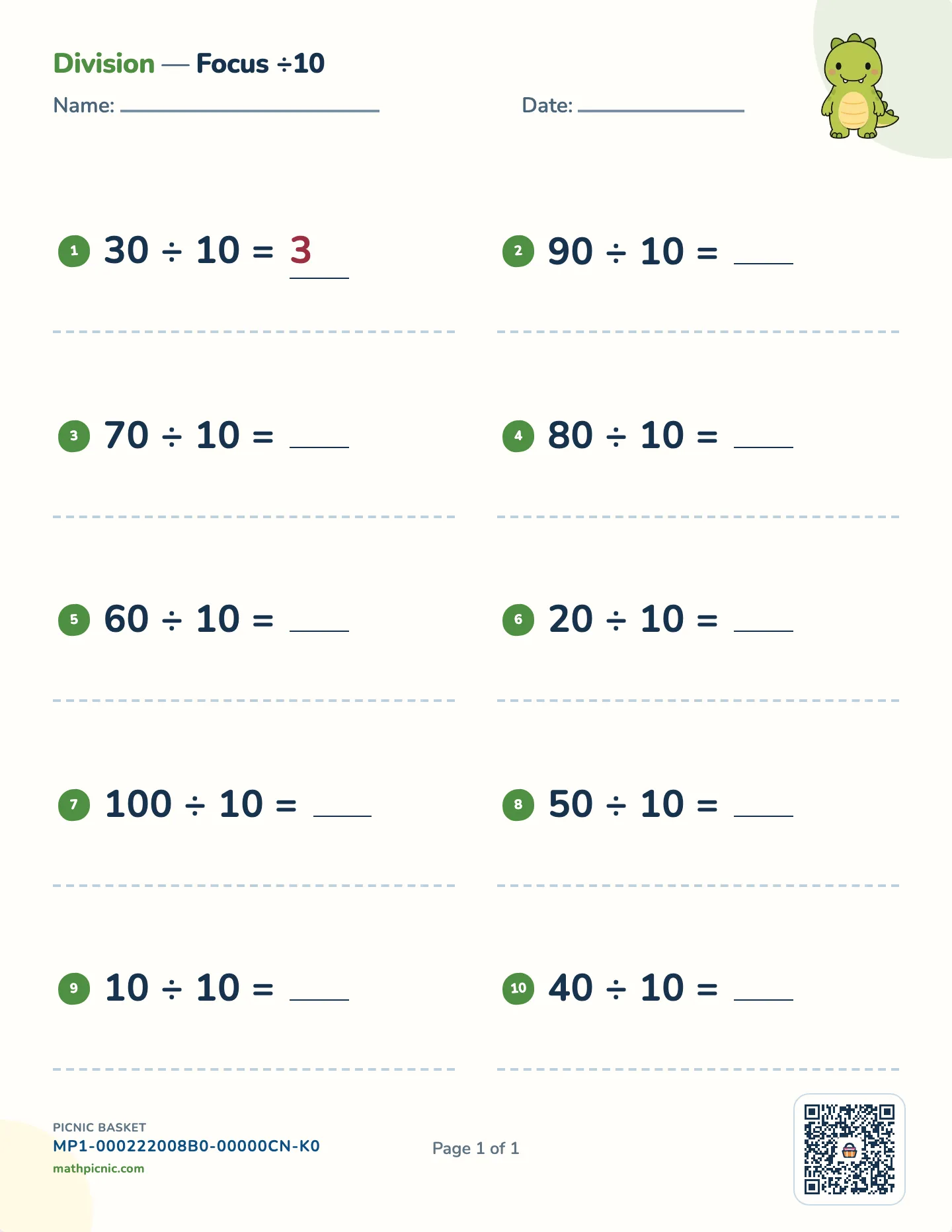 Dividing by 10 worksheet — ÷ 10, whole-number answers, free printable with answer key
