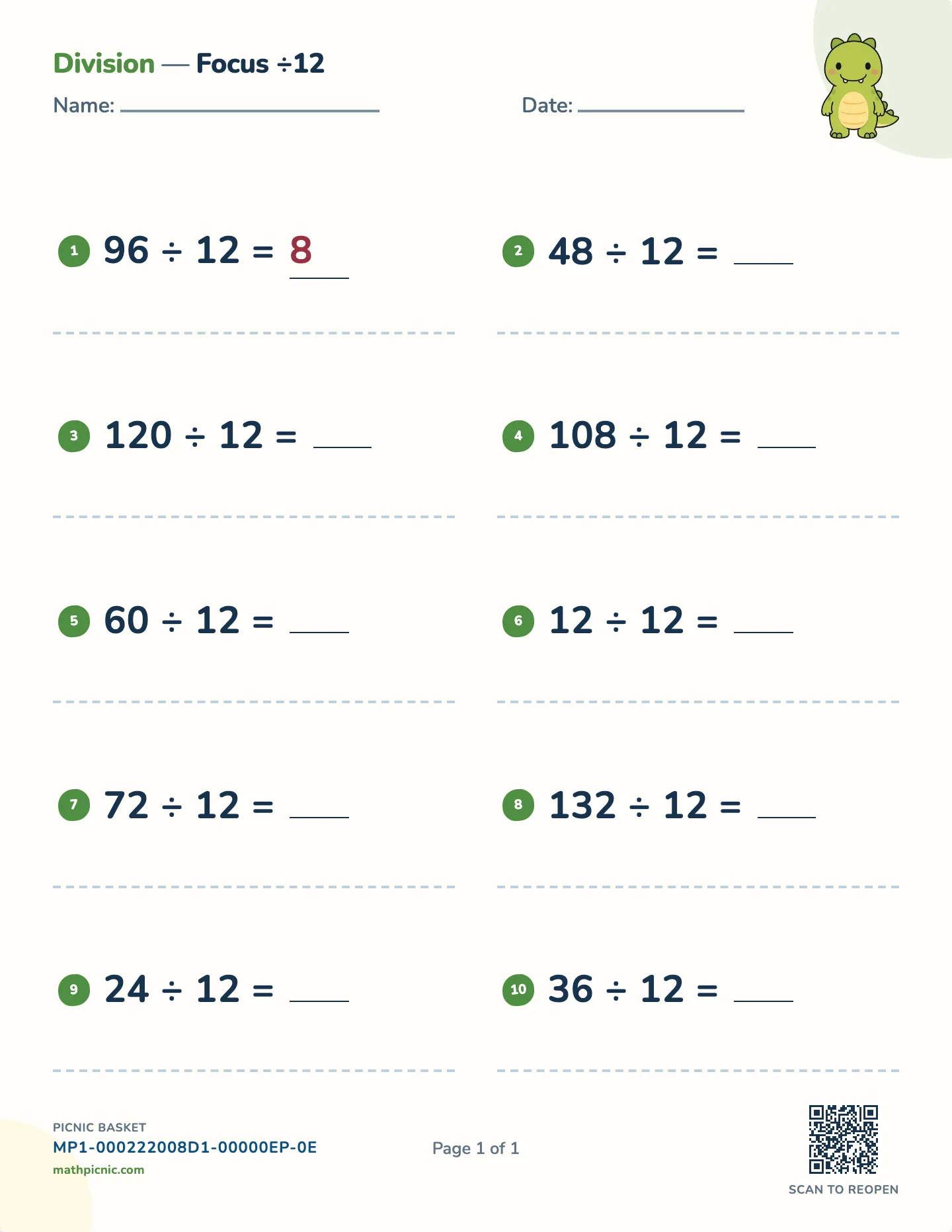 Dividing by 12 worksheet — ÷ 12, whole-number answers, free printable with answer key