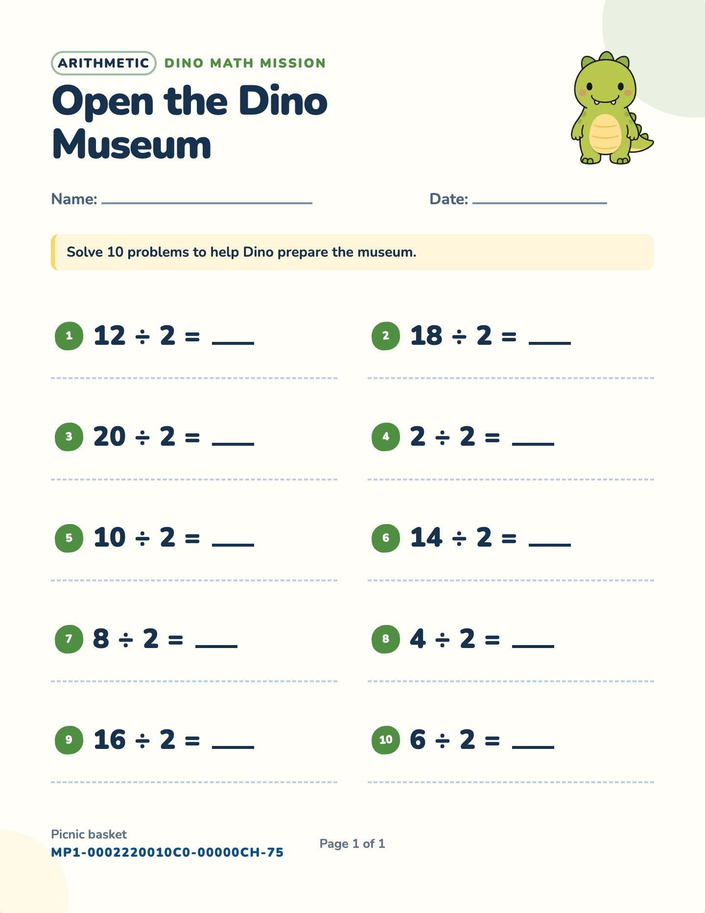 Dividing by 2 worksheet — ÷ 2, whole-number answers, free printable with answer key