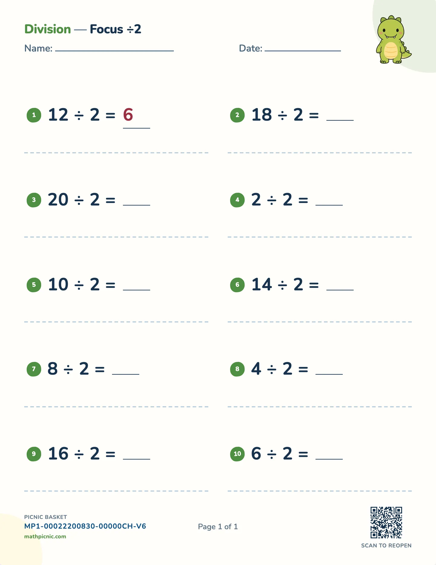 Dividing by 2 worksheet — free printable with answer key
