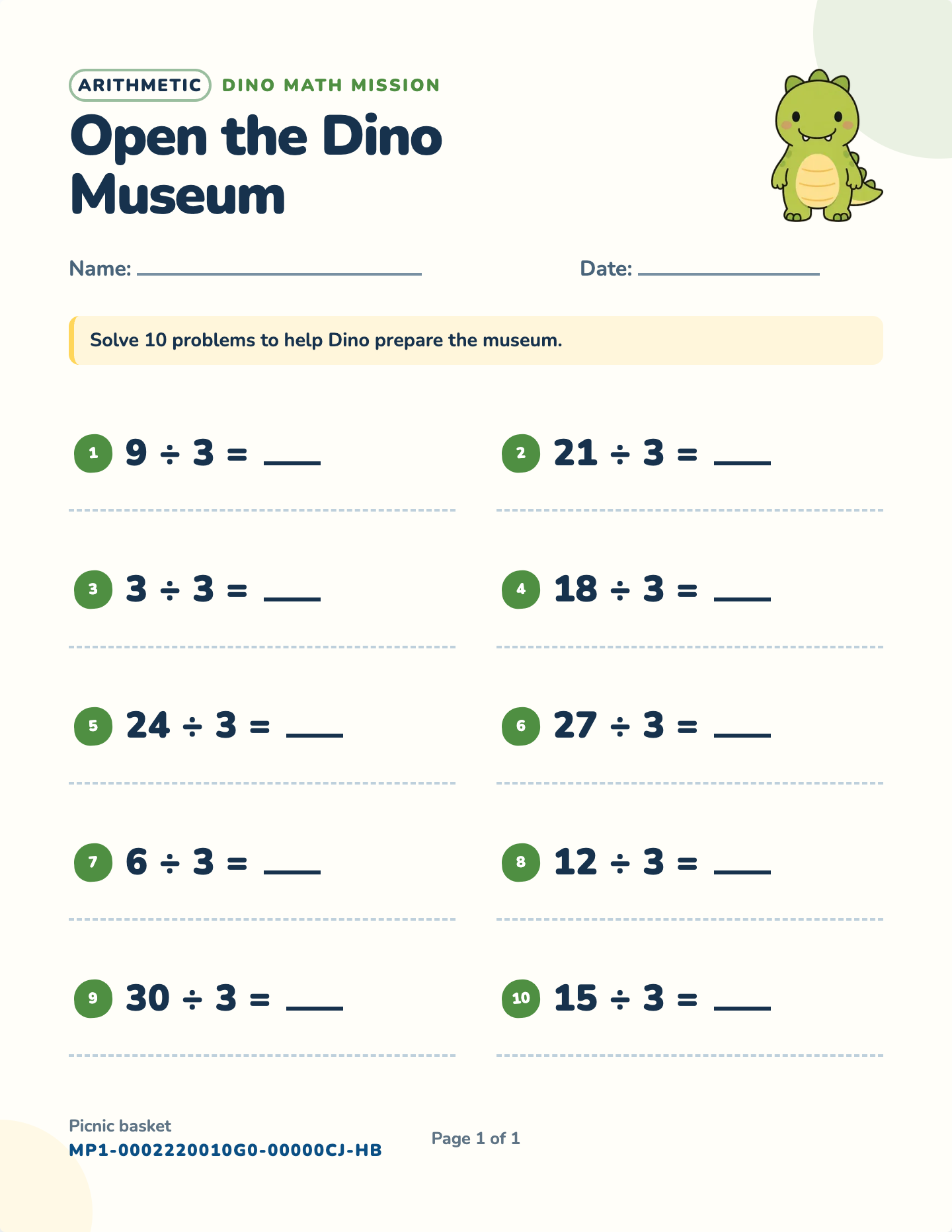 Dividing by 3 worksheet — ÷ 3, whole-number answers, free printable with answer key