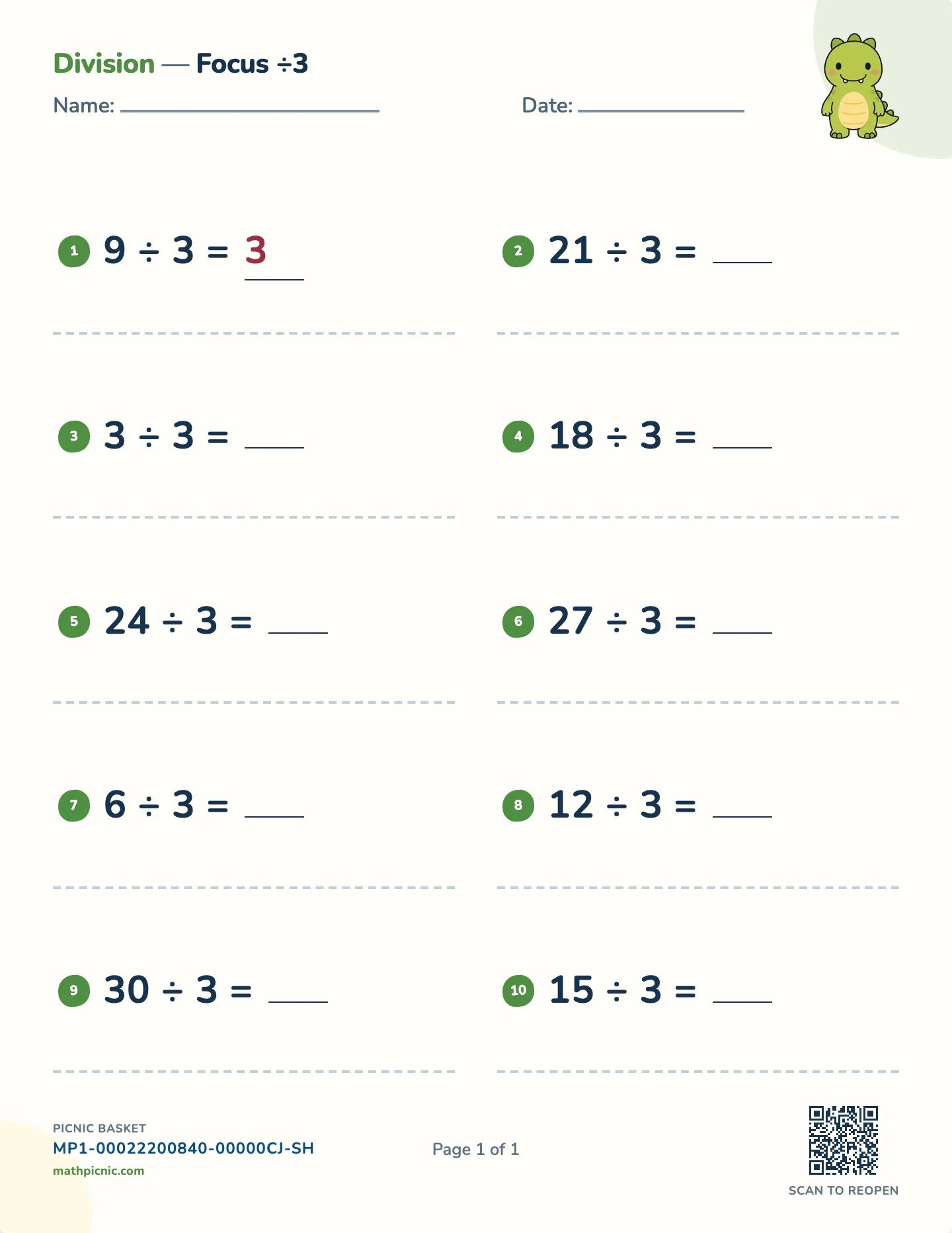 Dividing by 3 worksheet — free printable with answer key