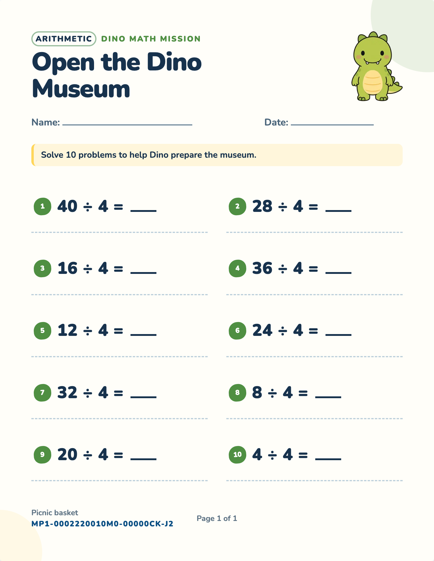 Dividing by 4 worksheet — ÷ 4, whole-number answers, free printable with answer key