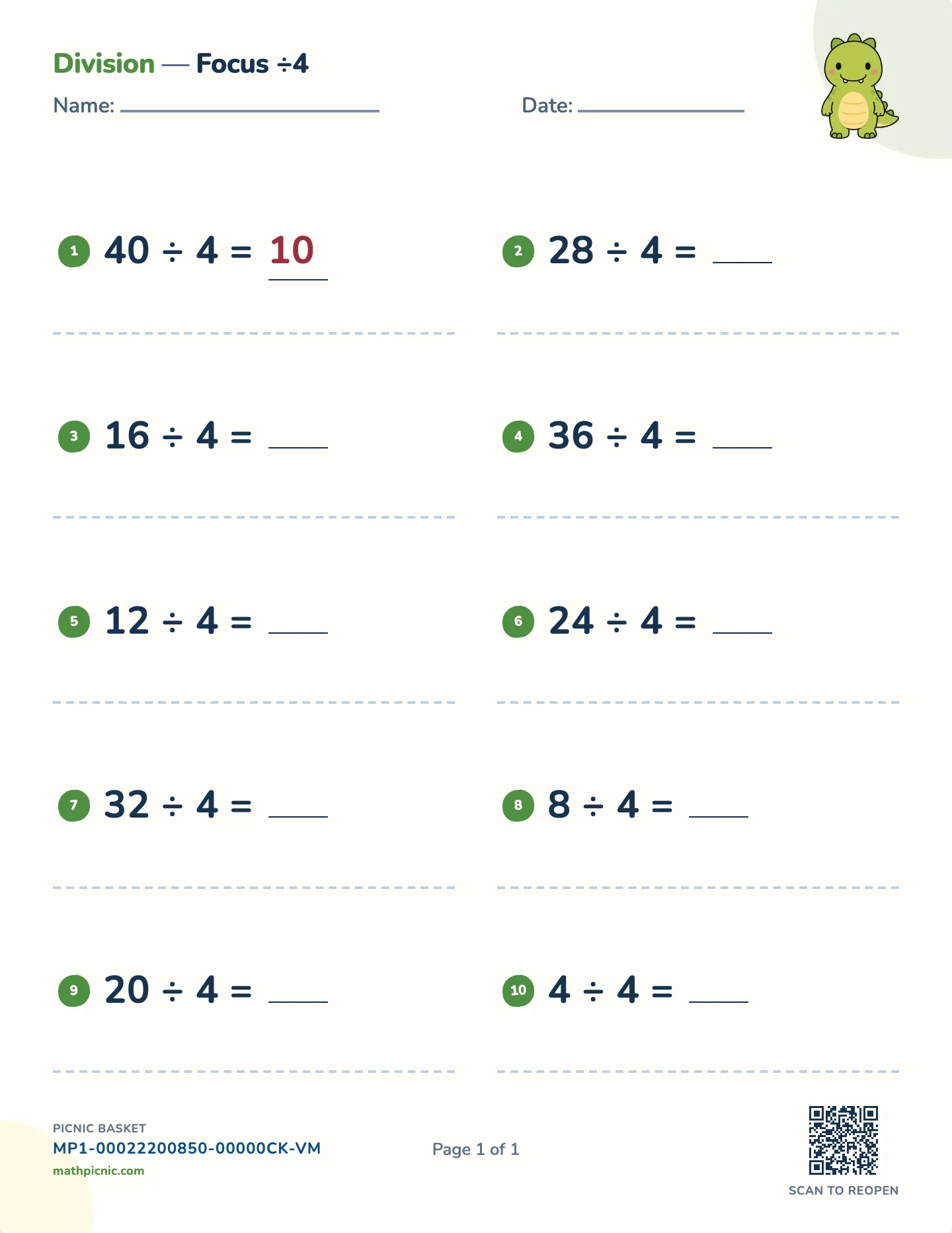 Dividing by 4 worksheet — free printable with answer key