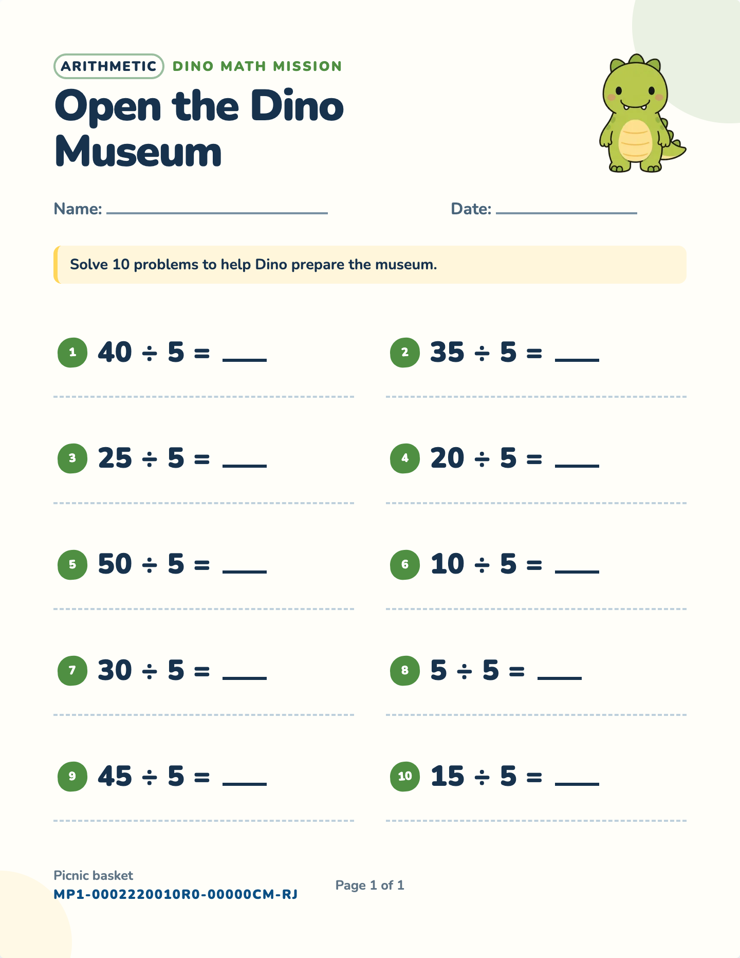 Dividing by 5 worksheet — ÷ 5, whole-number answers, free printable with answer key