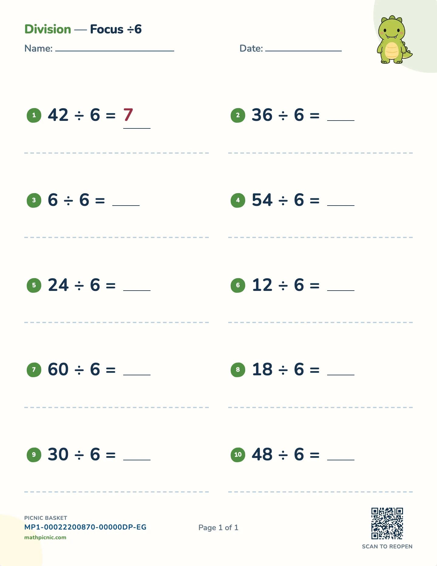 Dividing by 6 worksheet — ÷ 6, whole-number answers, free printable with answer key