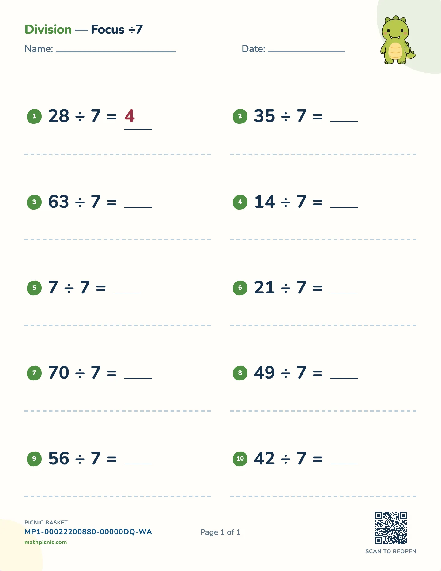 Dividing by 7 worksheet — ÷ 7, whole-number answers, free printable with answer key