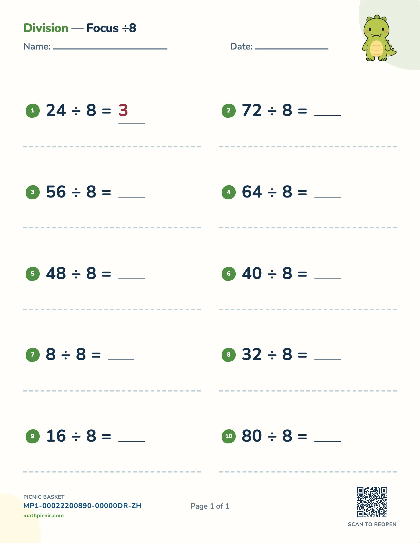 Dividing by 8 worksheet — ÷ 8, whole-number answers, free printable with answer key