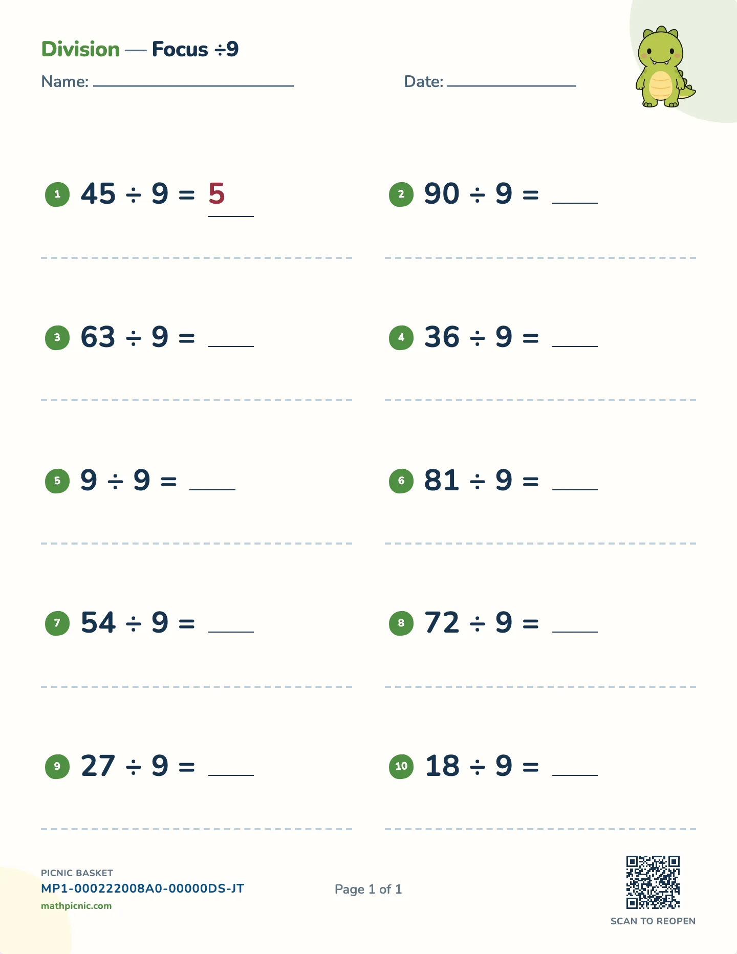 Dividing by 9 worksheet — ÷ 9, whole-number answers, free printable with answer key
