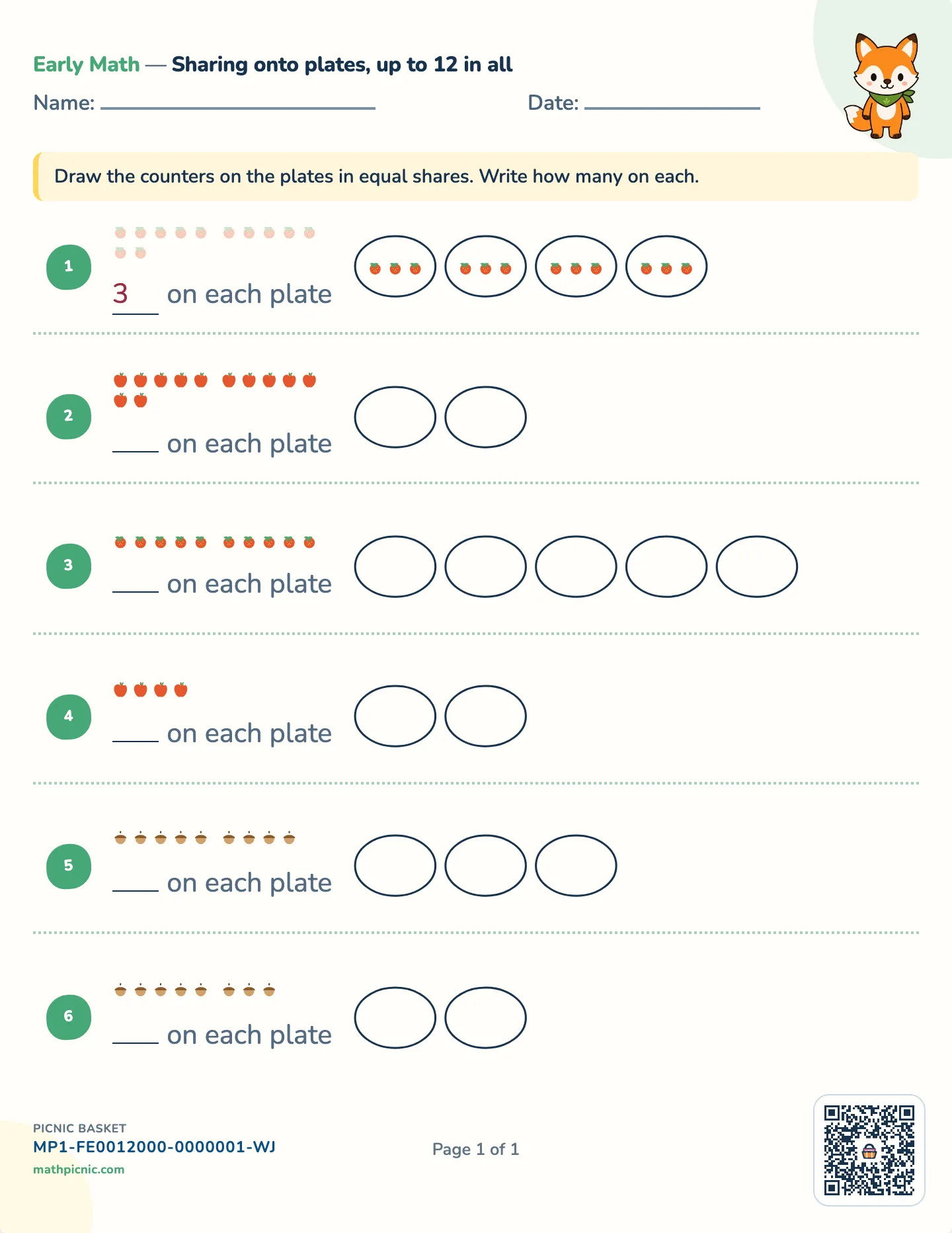 Equal sharing worksheet — Up to 12 counters, free printable with answer key