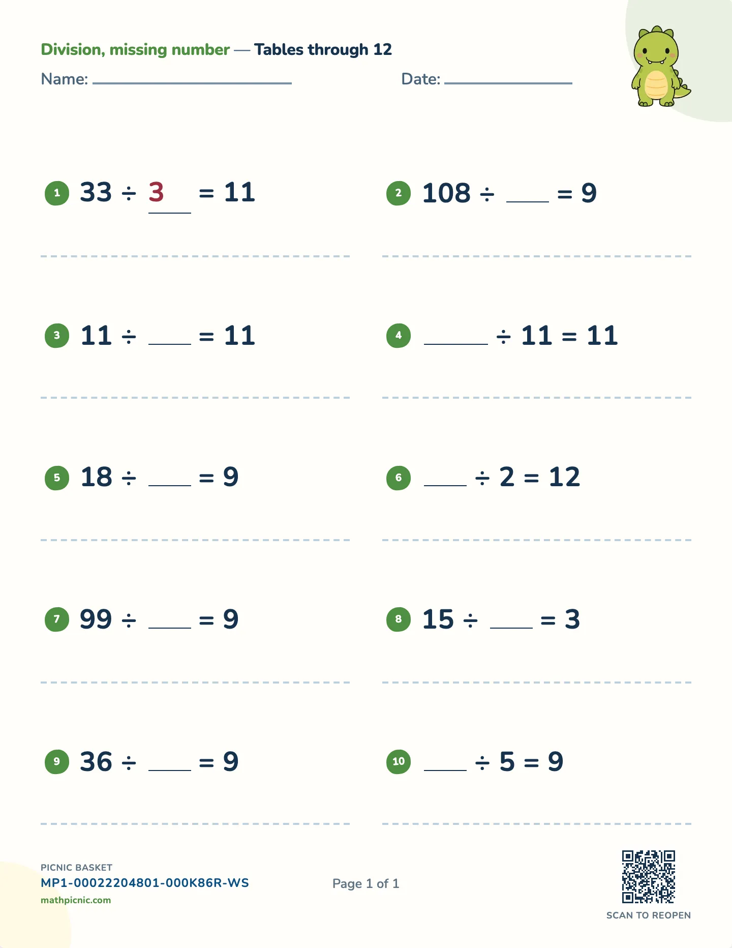 Missing number division worksheet — Facts to 12, free printable with answer key