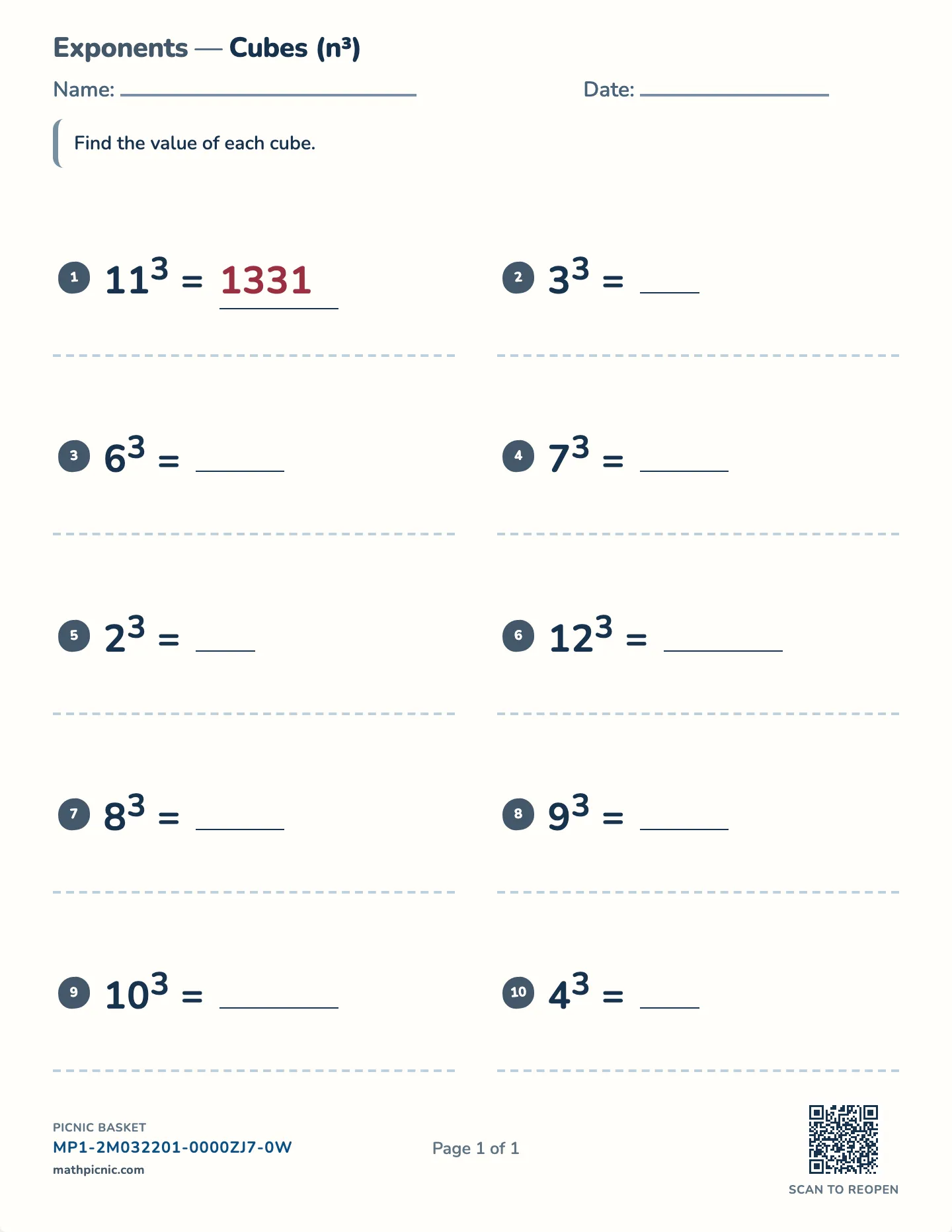 Cube numbers worksheet — Cubes to 1000, free printable with answer key
