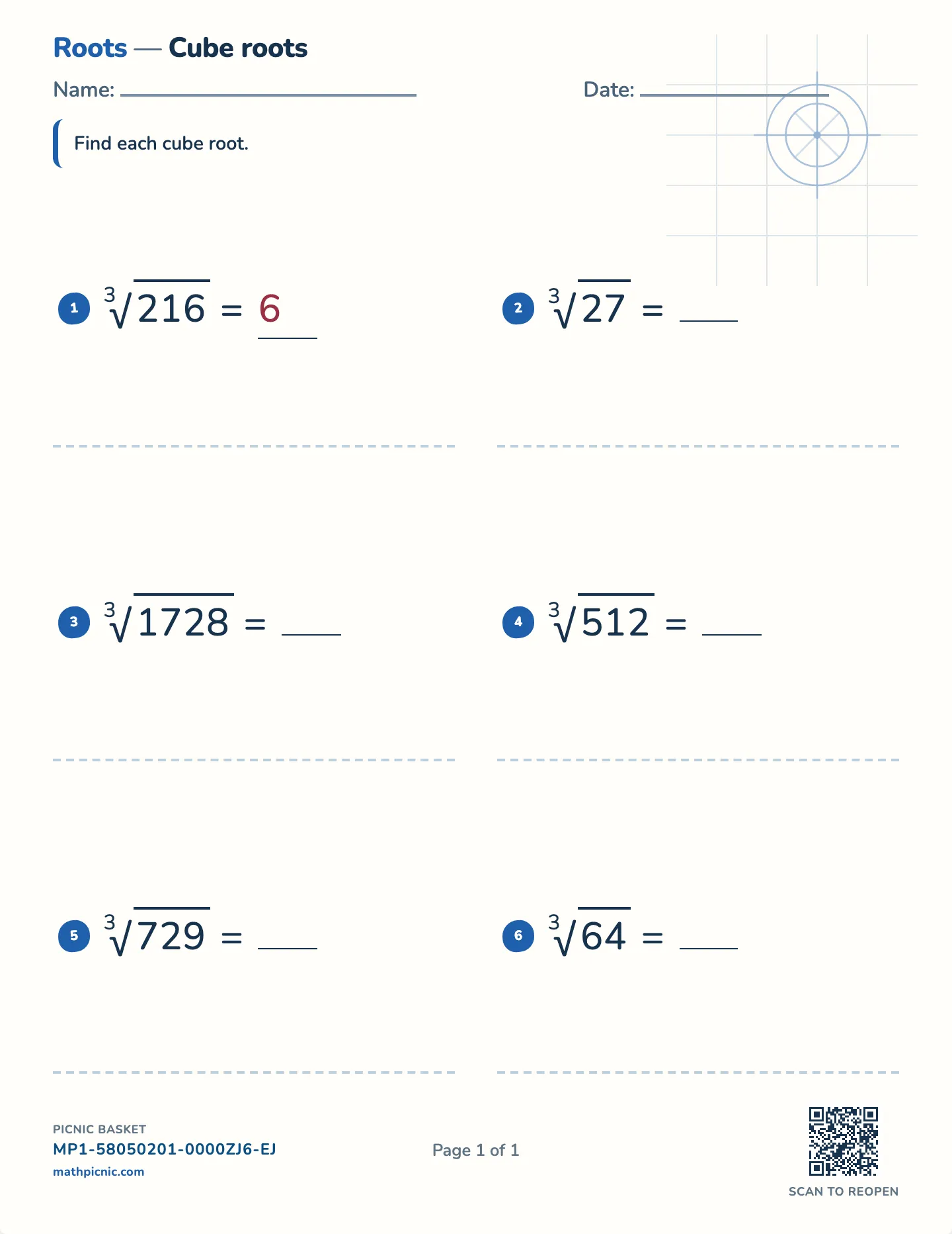 Cube roots worksheet — Perfect cubes to 1728, free printable with answer key