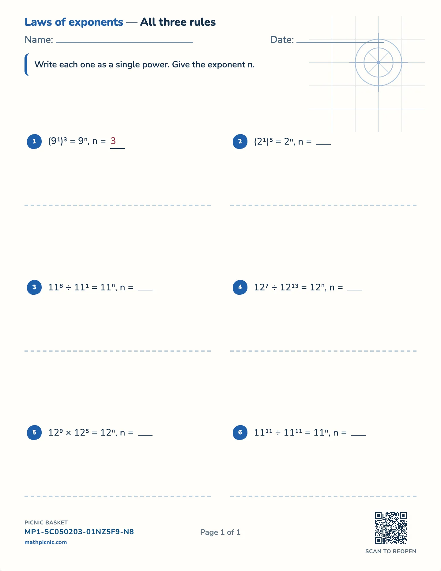 Laws of exponents worksheet — Bases 2–9, negative and zero exponents, free printable with answer key