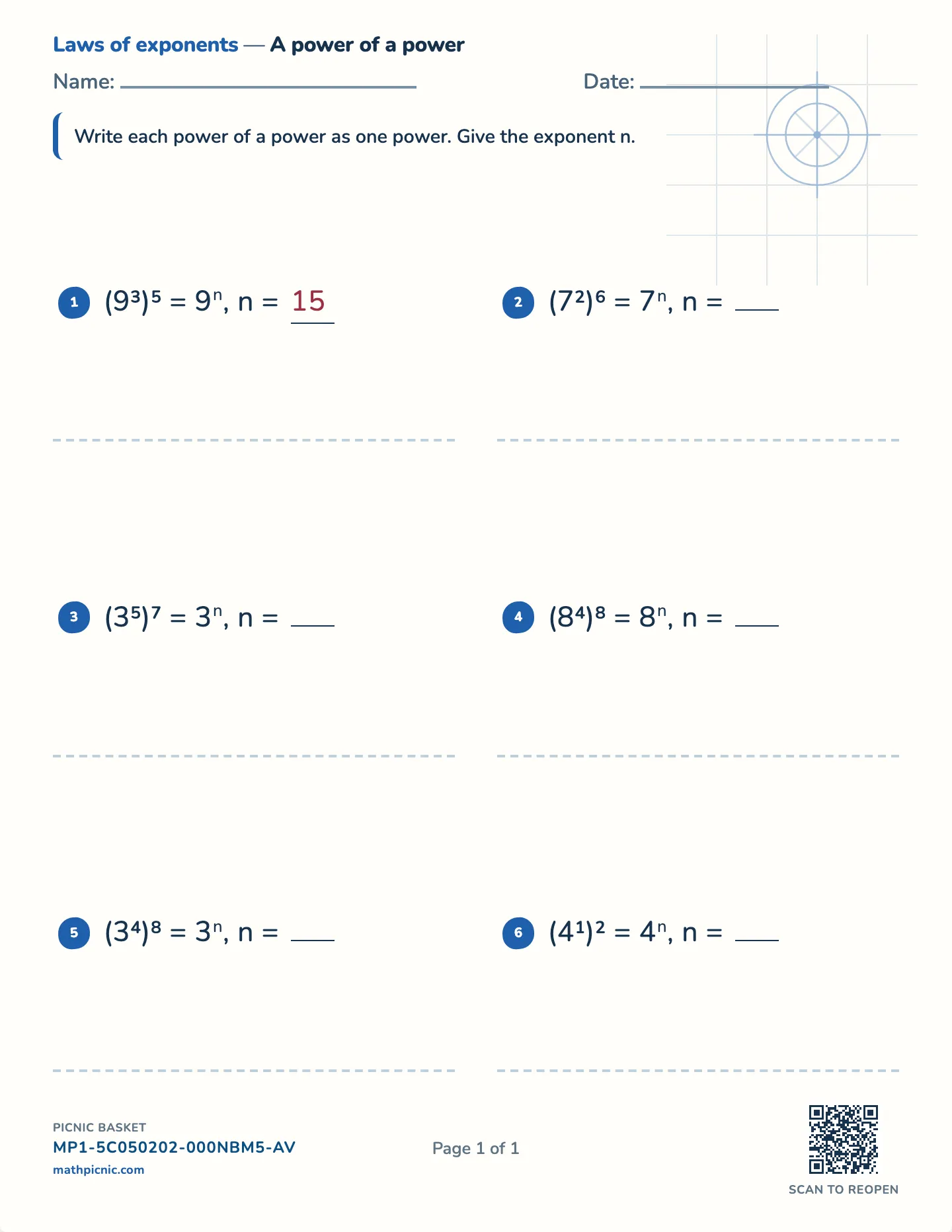 Power of a power worksheet — One base, exponents multiply, free printable with answer key
