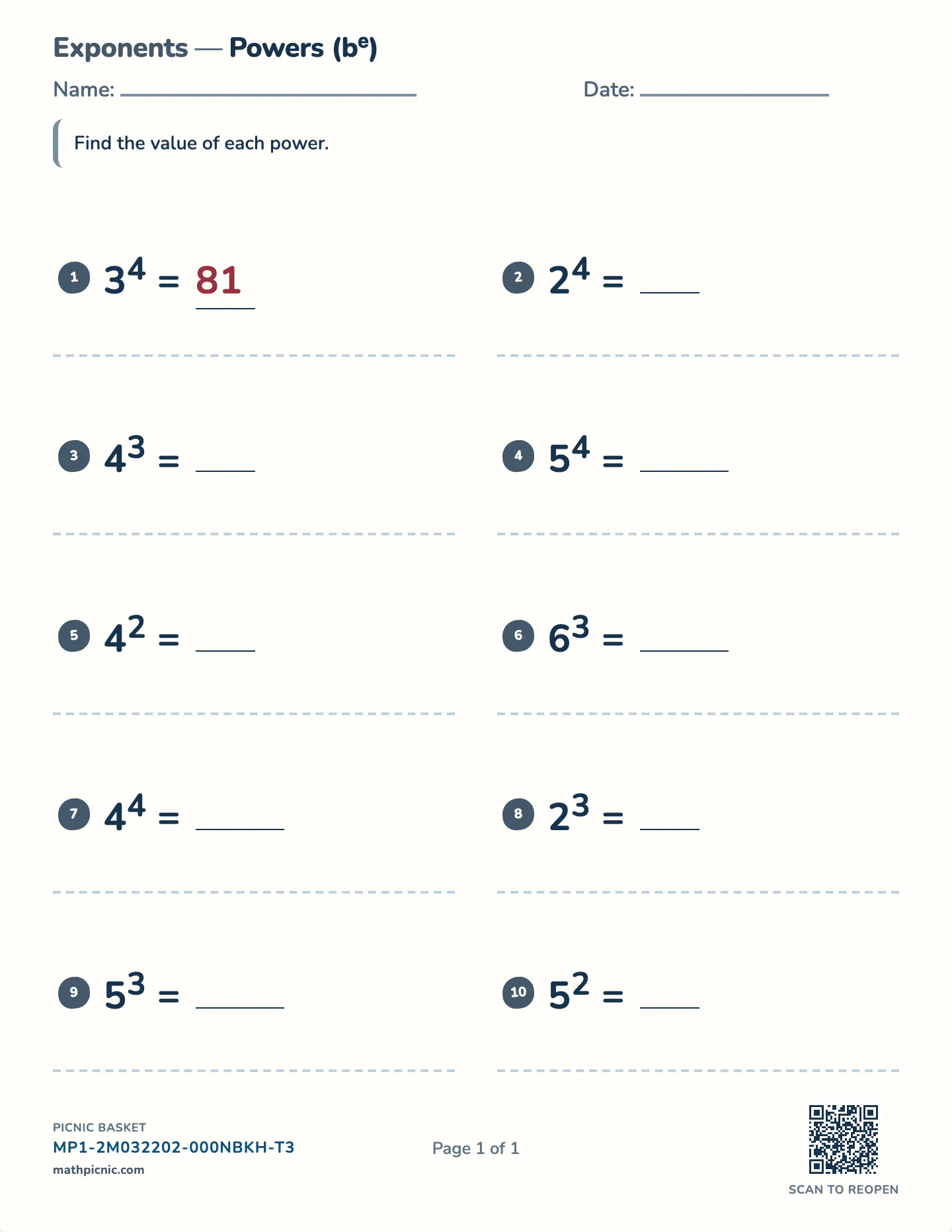 Powers of a number worksheet — Bases 2–9, exponents to 5, free printable with answer key