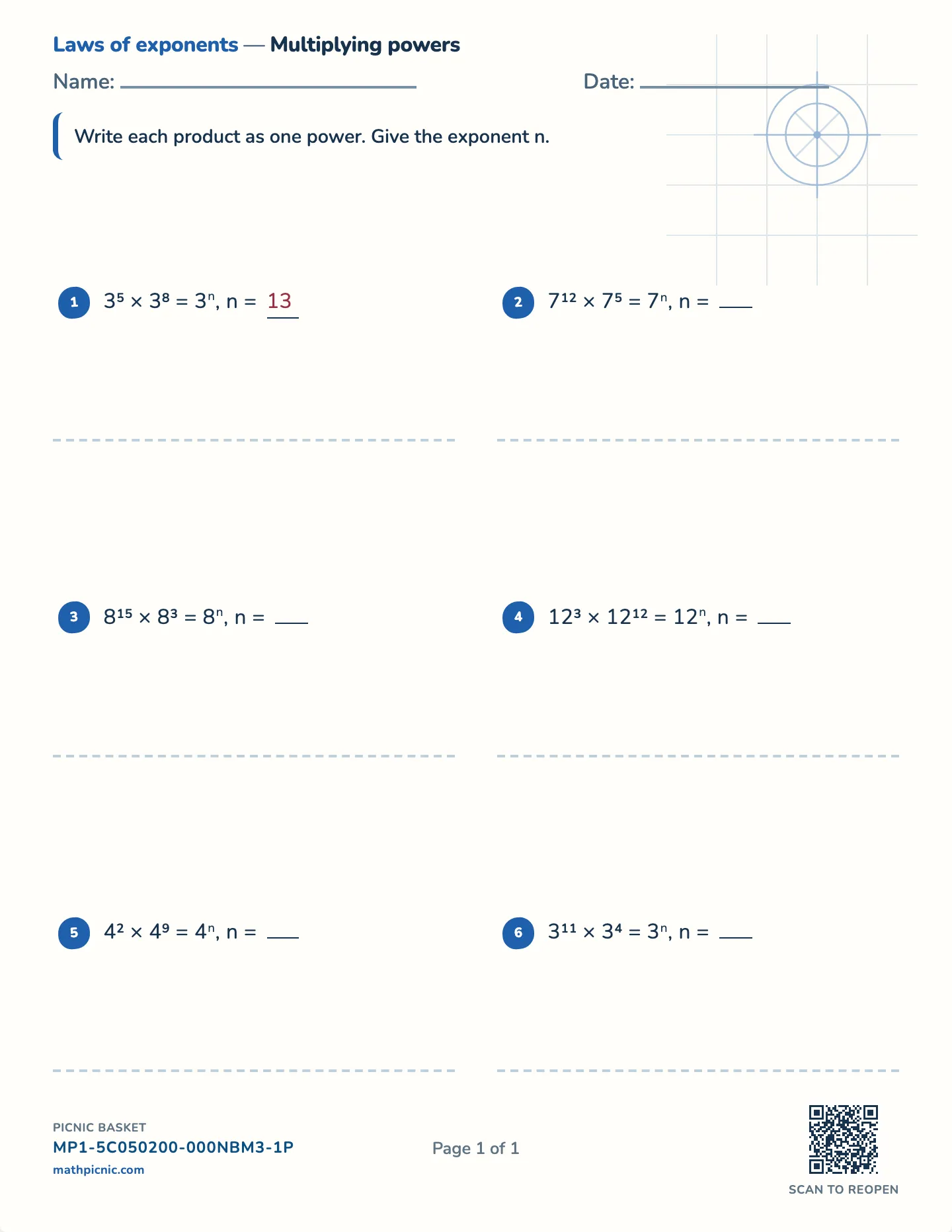 Product rule for exponents worksheet — One base, exponents add, free printable with answer key