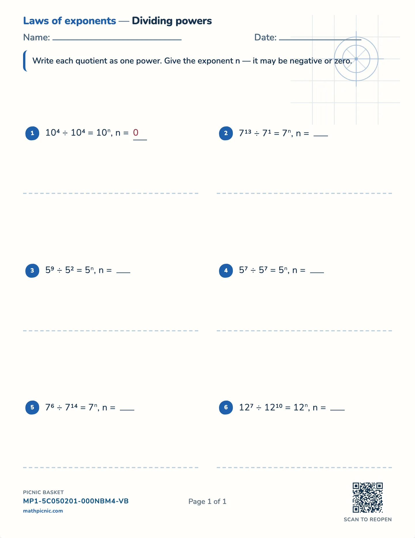 Quotient rule for exponents worksheet — One base, exponents subtract, free printable with answer key