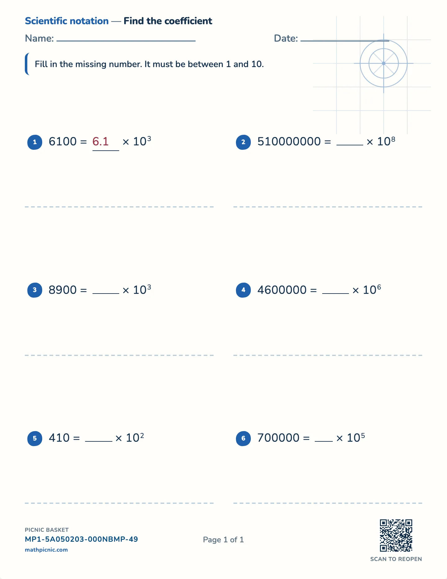 Scientific notation: coefficient worksheet — Numbers to 10⁸, free printable with answer key