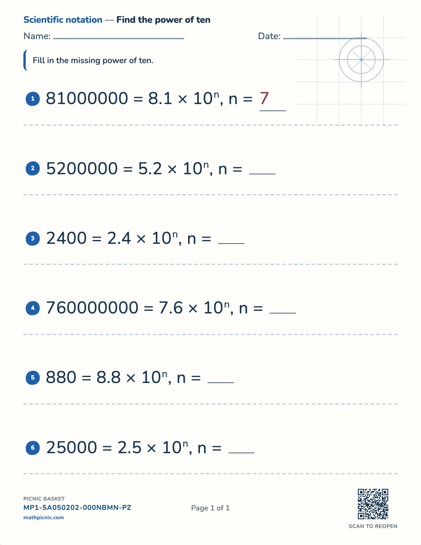 Scientific notation: power of ten worksheet — Numbers to 10⁸, free printable with answer key