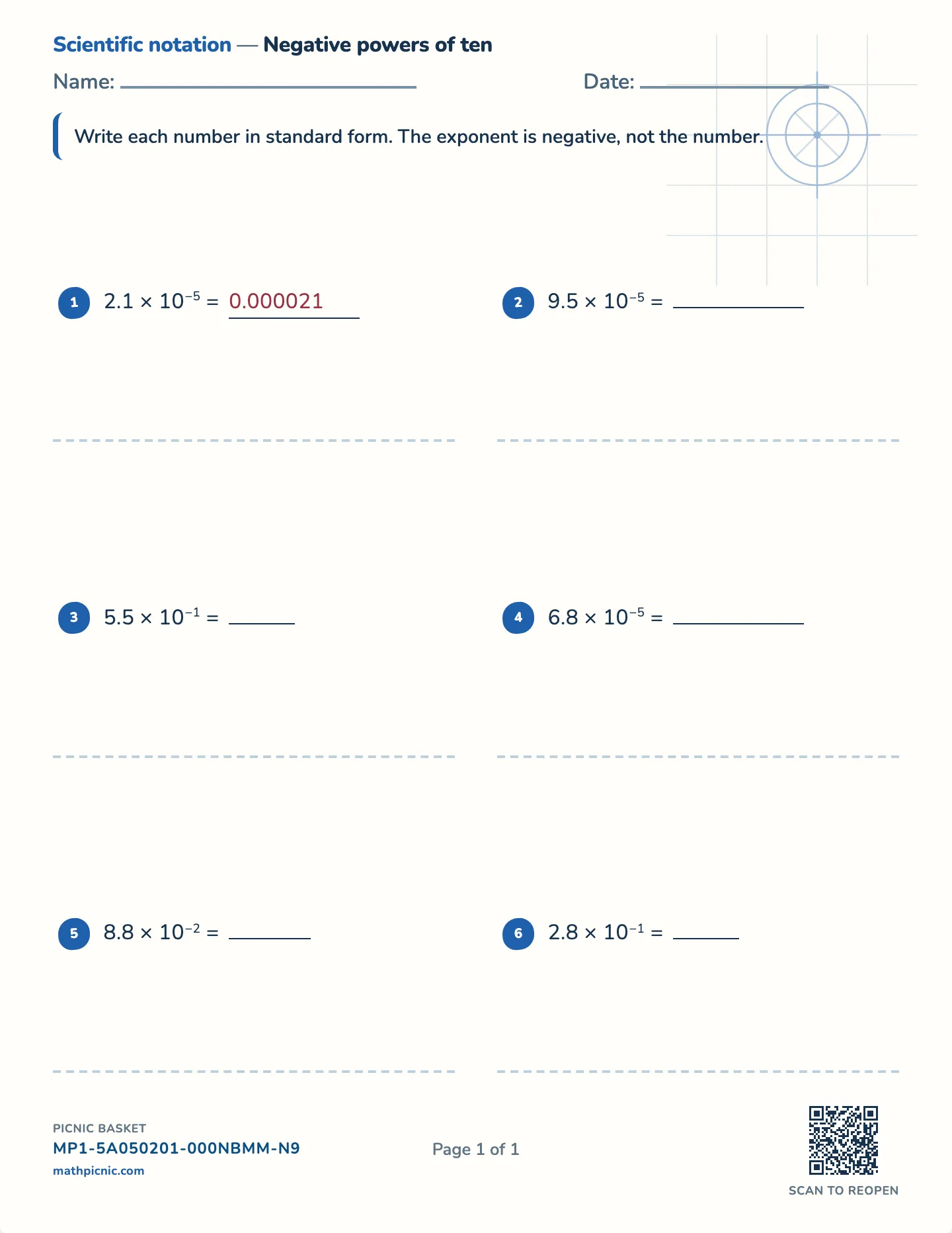 Scientific notation: small numbers worksheet — Negative powers, 10⁻⁵ to 10⁻¹, free printable with answer key