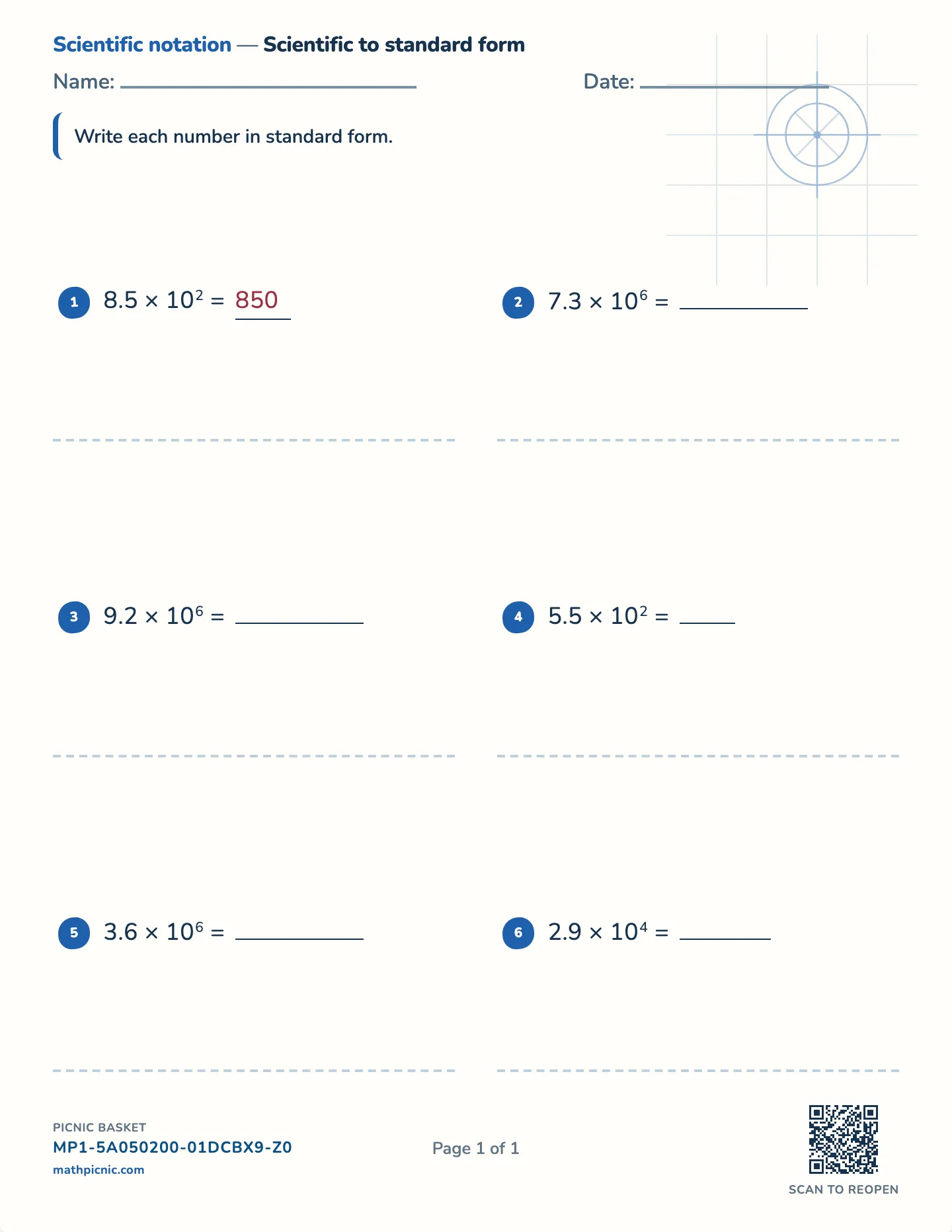 Scientific notation worksheet — 10⁻⁵ to 10⁸, free printable with answer key