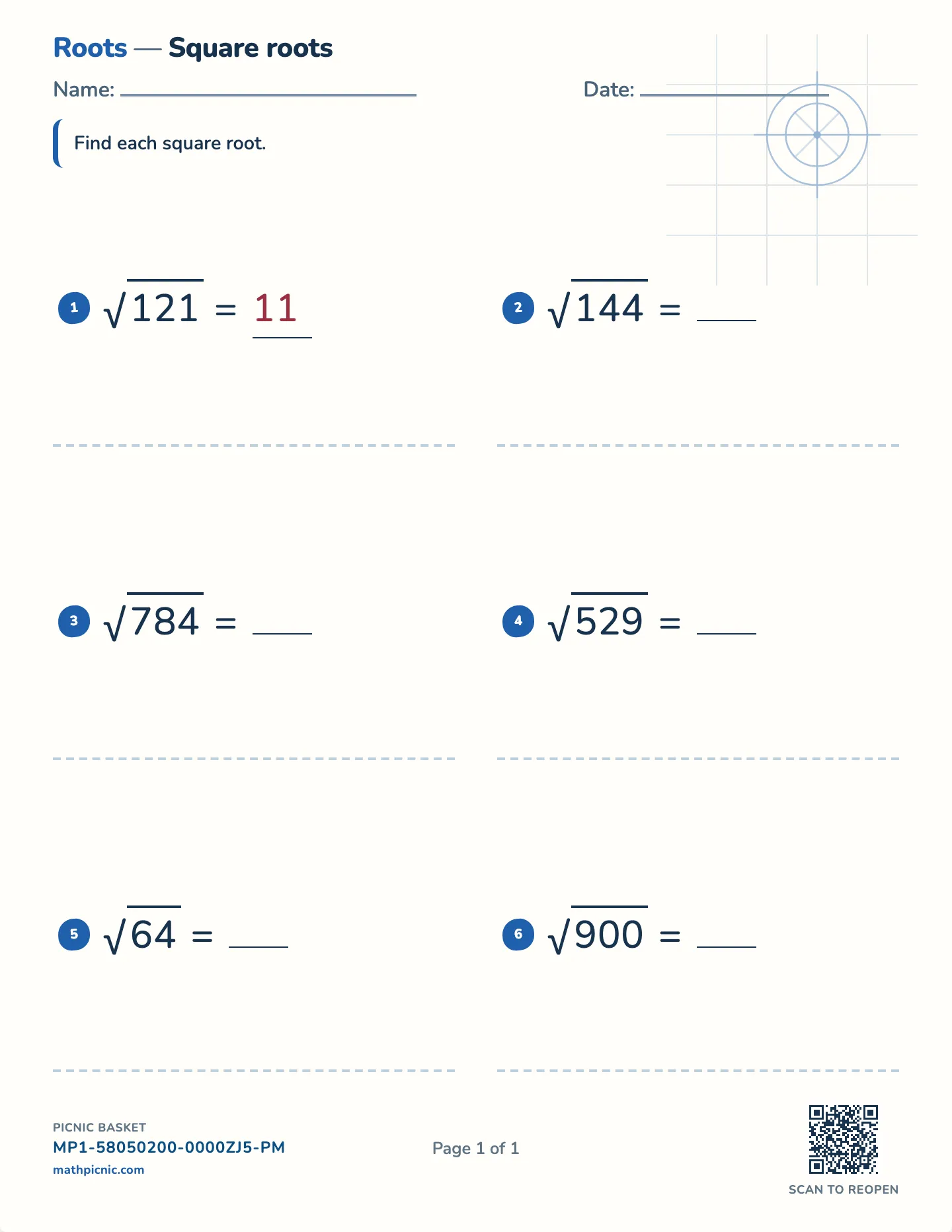Square roots worksheet — Perfect squares to 625, free printable with answer key