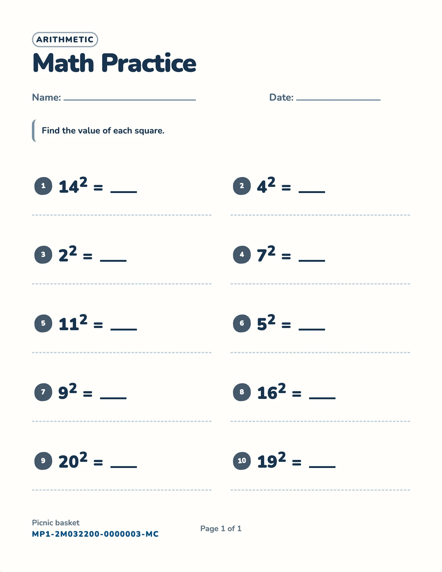 Exponents worksheet — Squares, cubes, powers, free printable with answer key