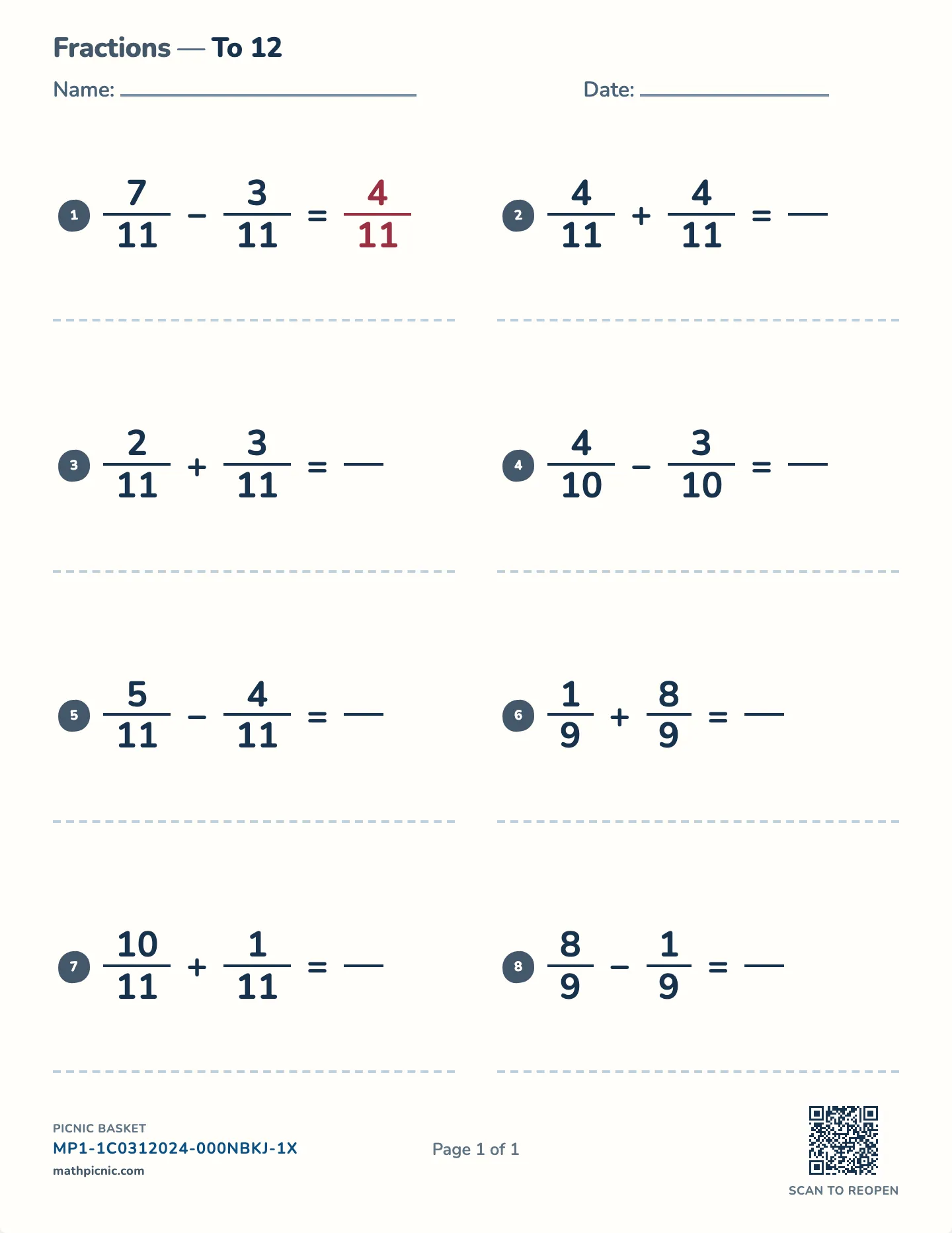 Adding and subtracting like fractions worksheet — Like denominators, to 12, free printable with answer key