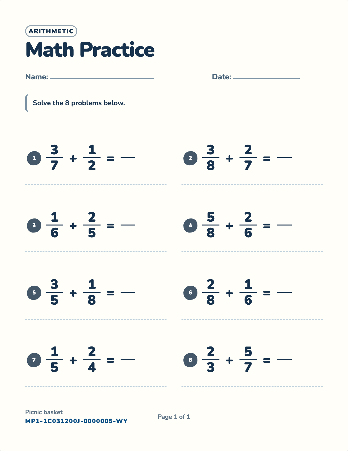 Adding unlike fractions worksheet — Unlike denominators, to 8, free printable with answer key